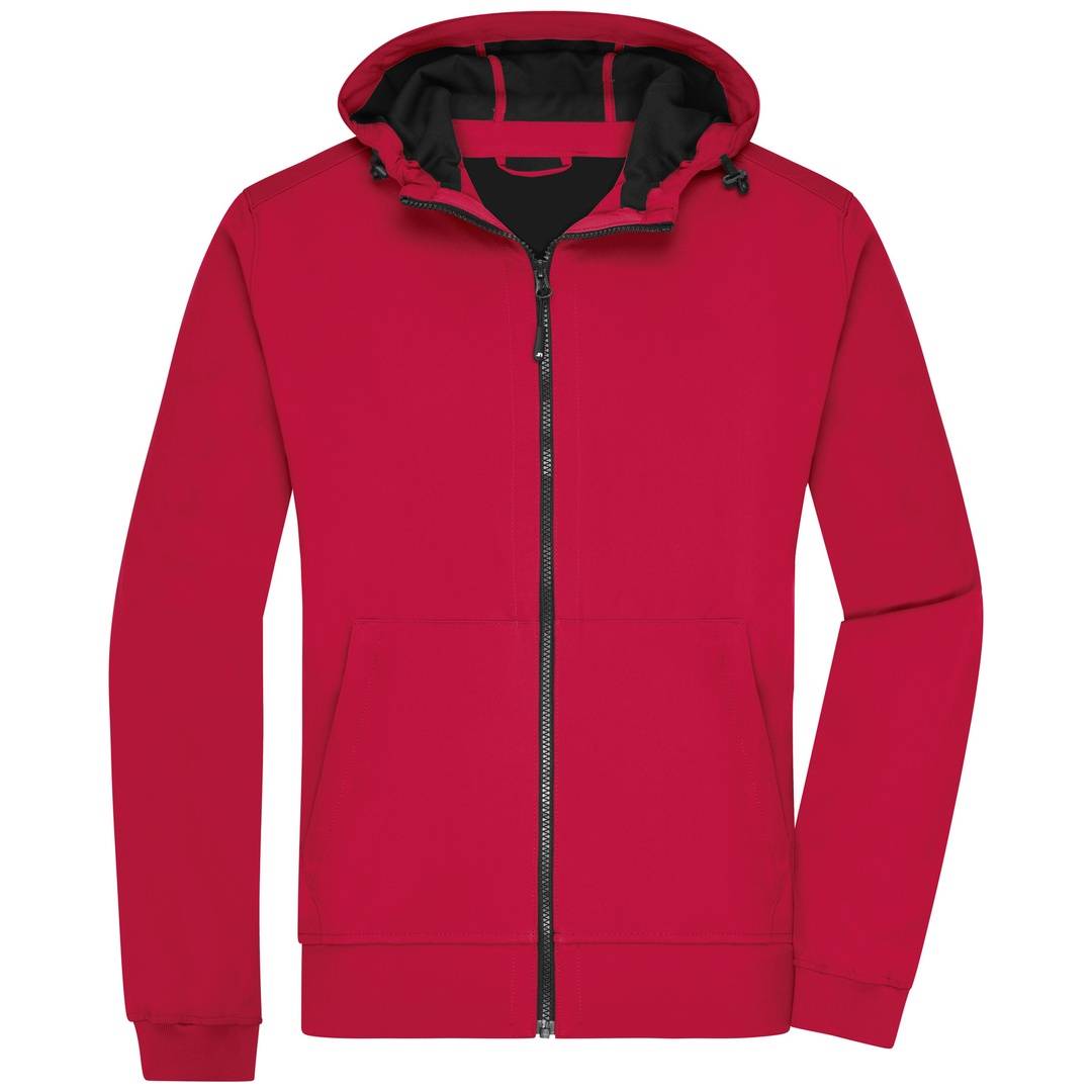 Rote Kapuzenjacke mit Reißverschluss, langen Ärmeln und vorderen Taschen auf weißem Hintergrund.