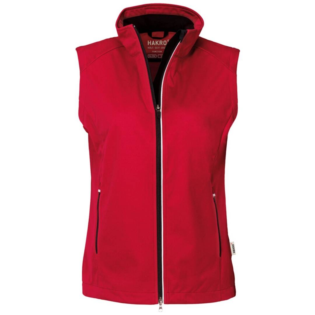 Rote ärmellose Zip-up-Weste mit Kapuze und Vordertaschen, gezeigt auf weißem Hintergrund.
