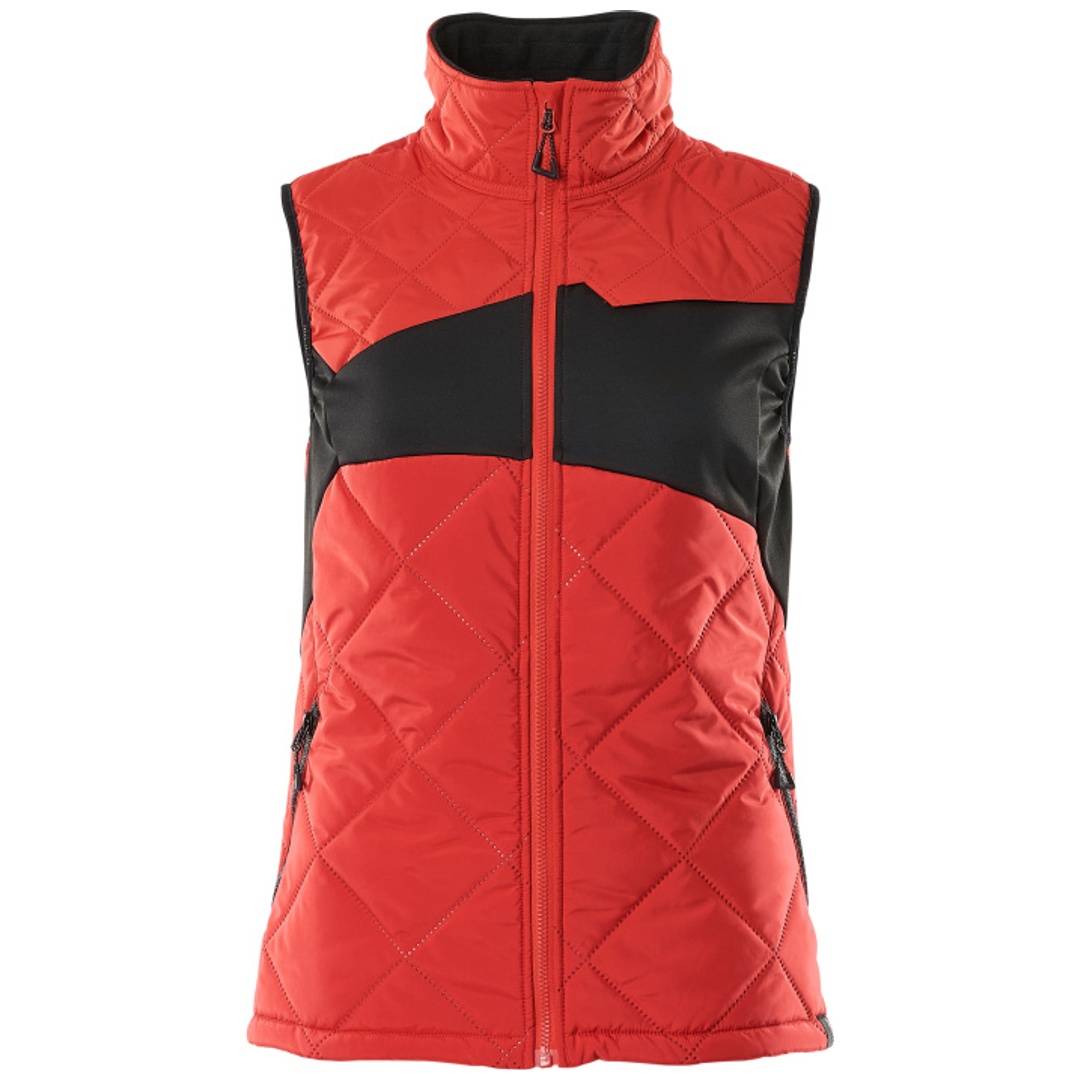 Rot-schwarz gesteppte ärmellose Reißverschluss-Weste mit hohem Kragen auf weißem Hintergrund.