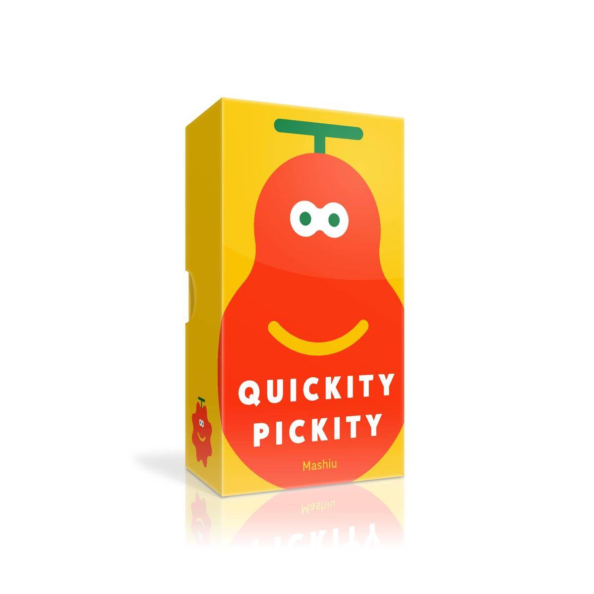 Gelbe Spielzeugkiste mit einem roten lachenden Maskottchen und den Texten „QUICKITY PICKITY