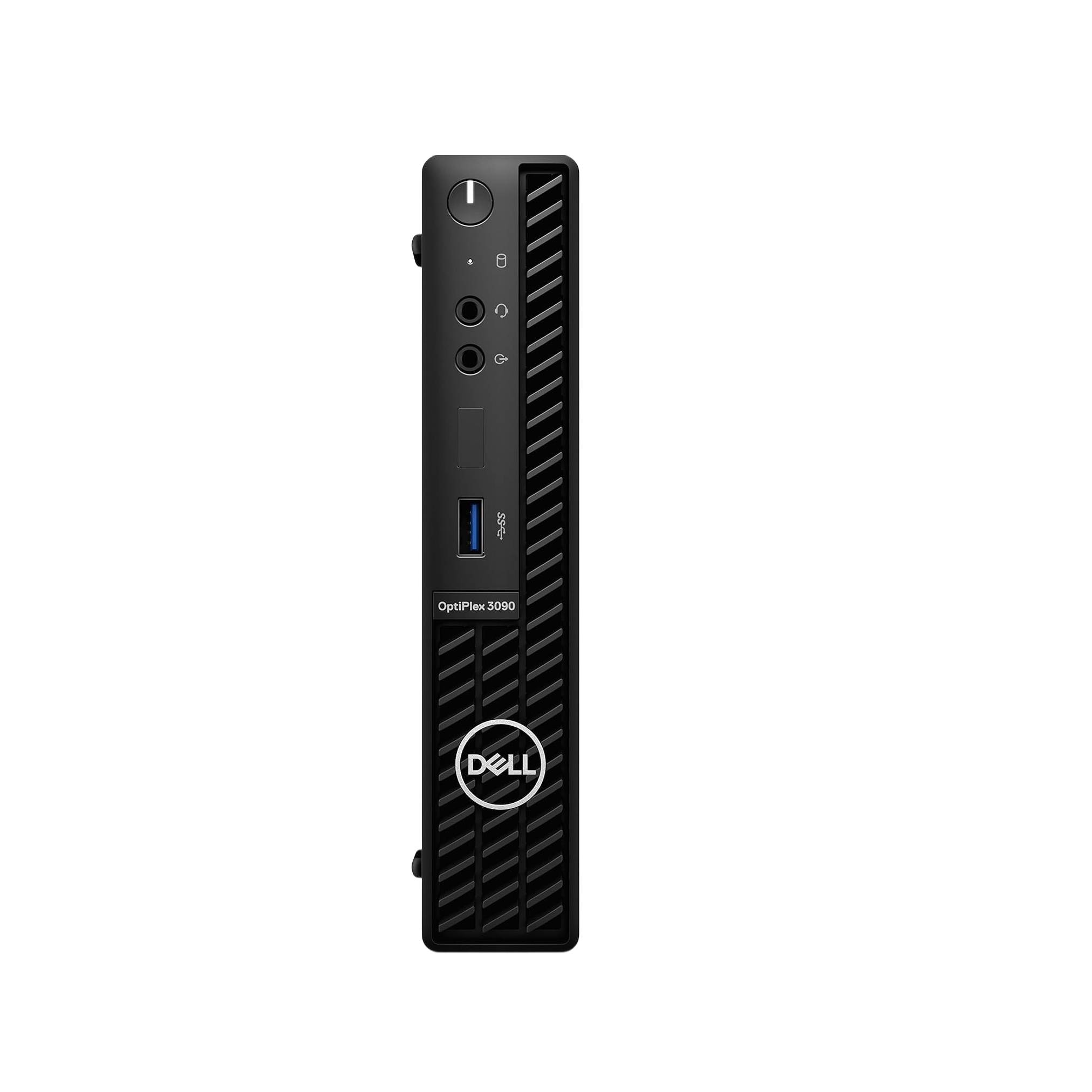 Frontansicht eines schlanken Dell OptiPlex 3090 Desktop-Tower mit Ein-/Ausschalter, Audiobuchsen, USB-Anschlüssen und Dell-Logo auf einer schwarzen belüfteten Frontplatte.