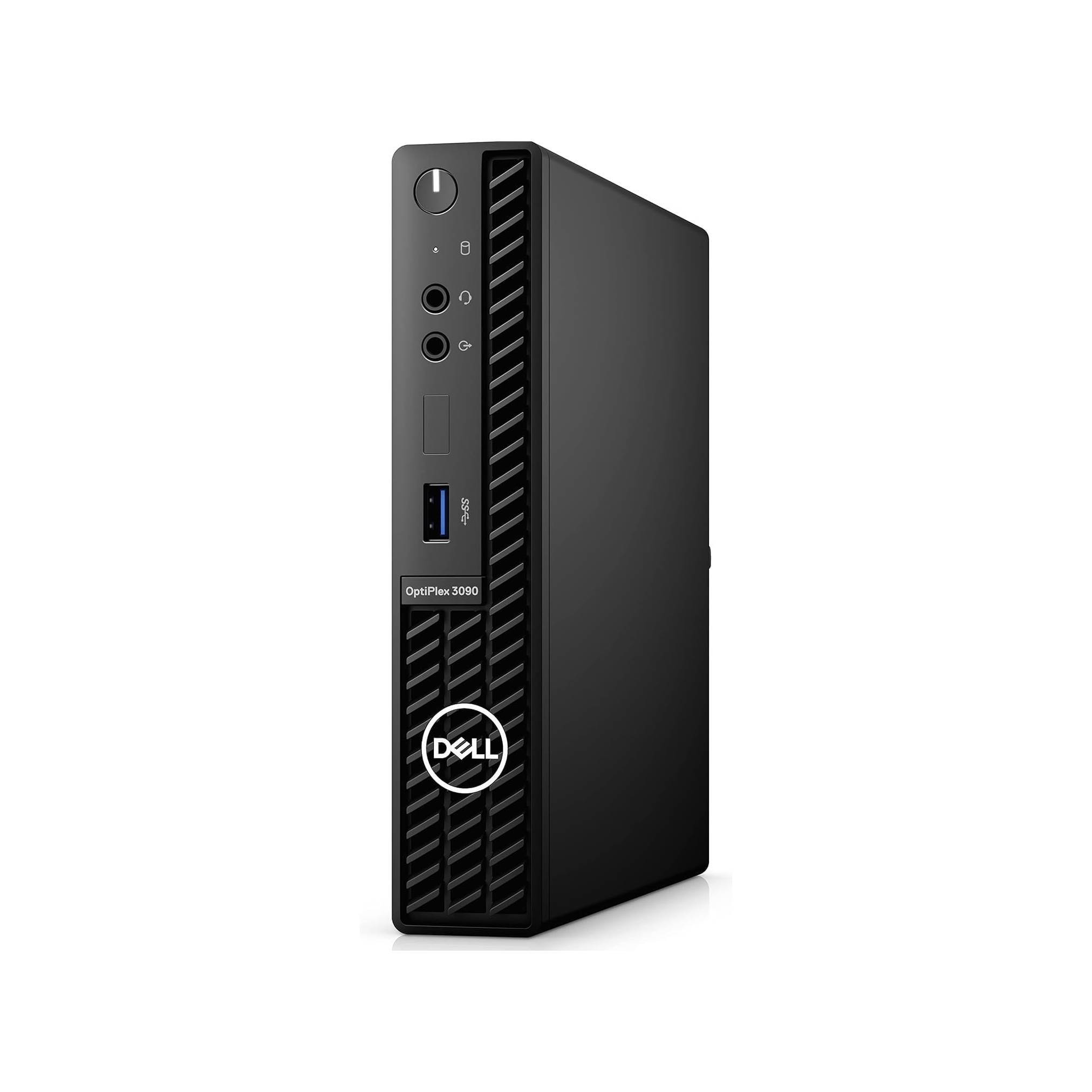 Schwarzer Dell OptiPlex 3090 kompakter Desktop-Tower in Vorderansicht, mit Betriebsschalter, Audioanschlüssen, USB-Anschluss und Dell-Logo.