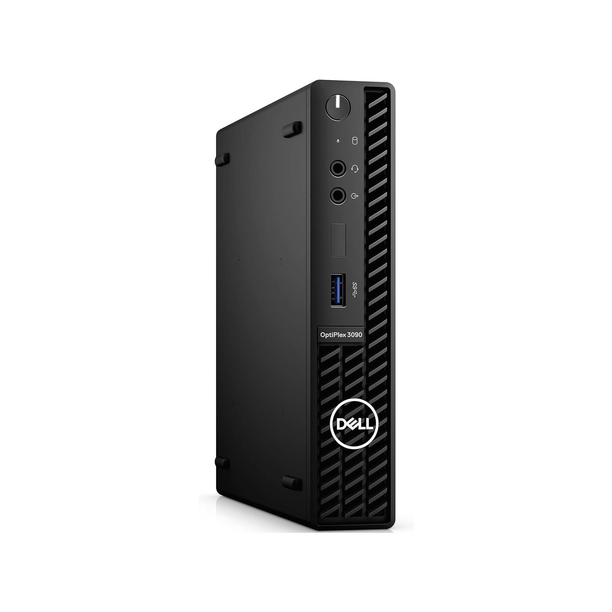 Black Dell OptiPlex 3090 Desktop-Tower in einer Frontansicht aus schräger Perspektive, mit sichtbarem Stromschalter, Anschlüssen und Dell-Logo.