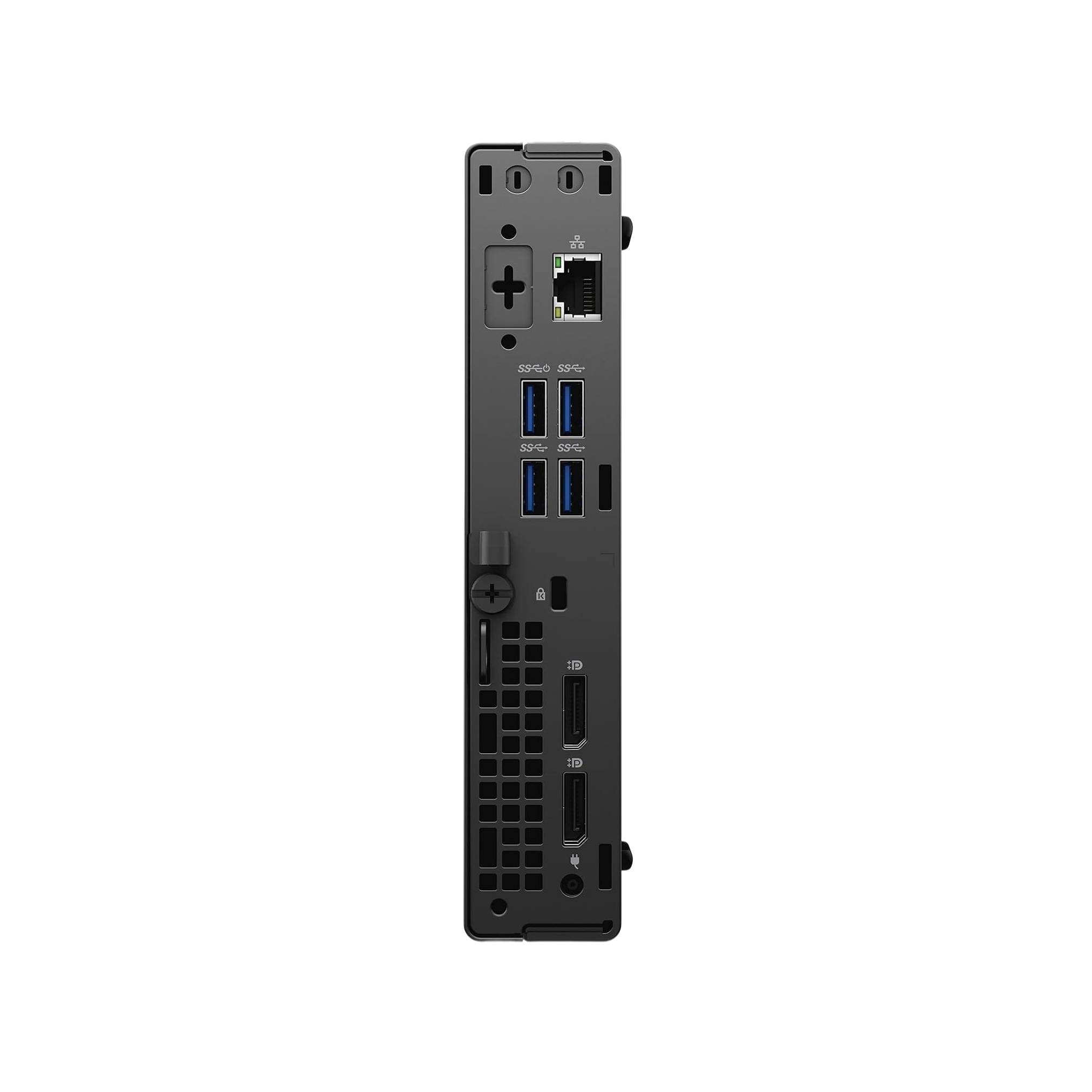 Rückansicht eines kompakten Desktop-PC-Gehäuses mit mehreren USB-Anschlüssen, einem Ethernet-Anschluss, Videoausgängen und Kühlungsöffnungen.