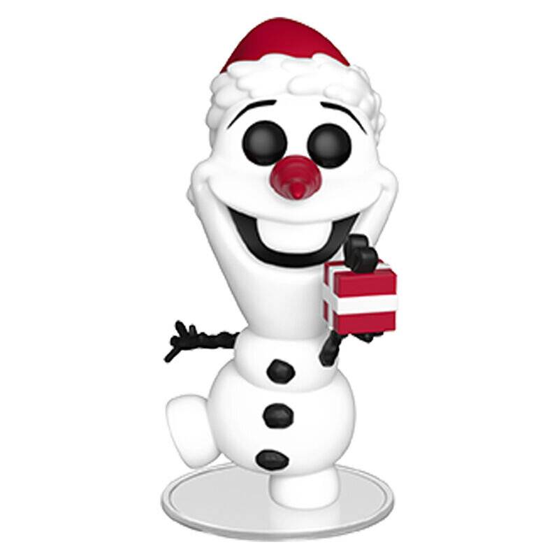 Ein lächelnder Schneemann-Figur in einem Weihnachtsmannmütze hält eine rote Geschenkbox und steht auf einem weißen Sockel.