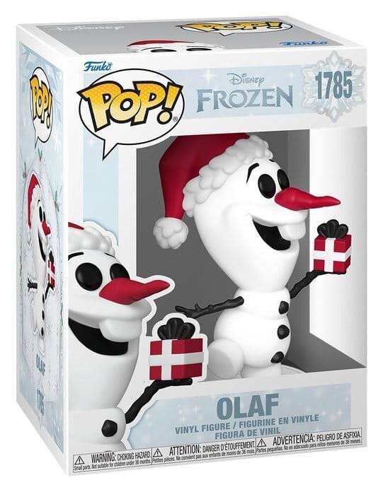 Funko Pop! Vinyl-Figur von Olaf aus Disneys Frozen in seiner Einzelhandelverpackung, die ein Geschenk hält und eine Weihnachtsmütze trägt.