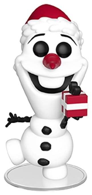 Cartoon-Schneemann mit einer Weihnachtsmütze, lächelnd und ein eingewickeltes Geschenkbox auf einem Ständer haltend.
