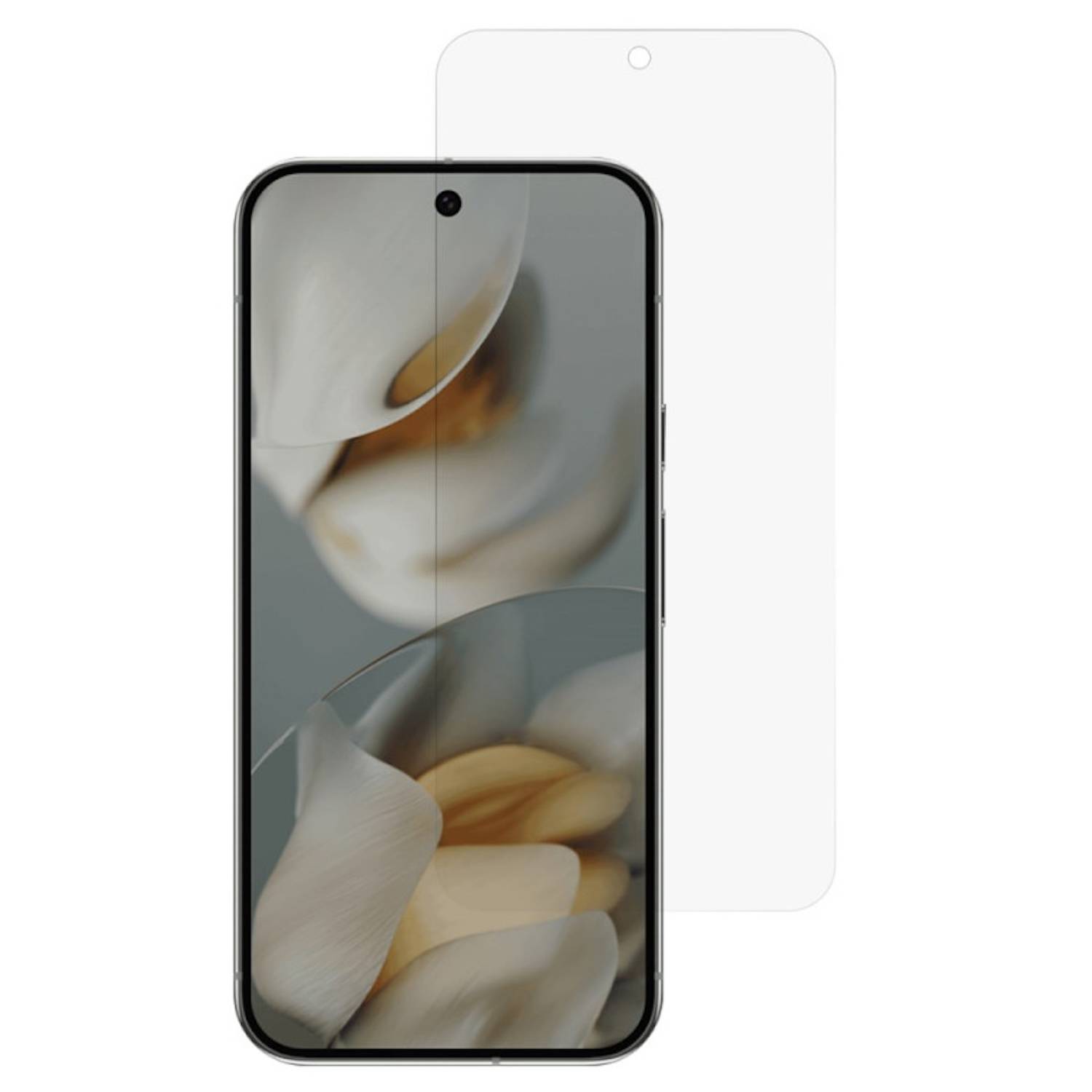 Vorder- und Rückansicht eines schwarzen Smartphones mit zentriertem Loch-Display und floralem Hintergrundbild, dargestellt mit einer transparenten Schutzhülle dahinter.
