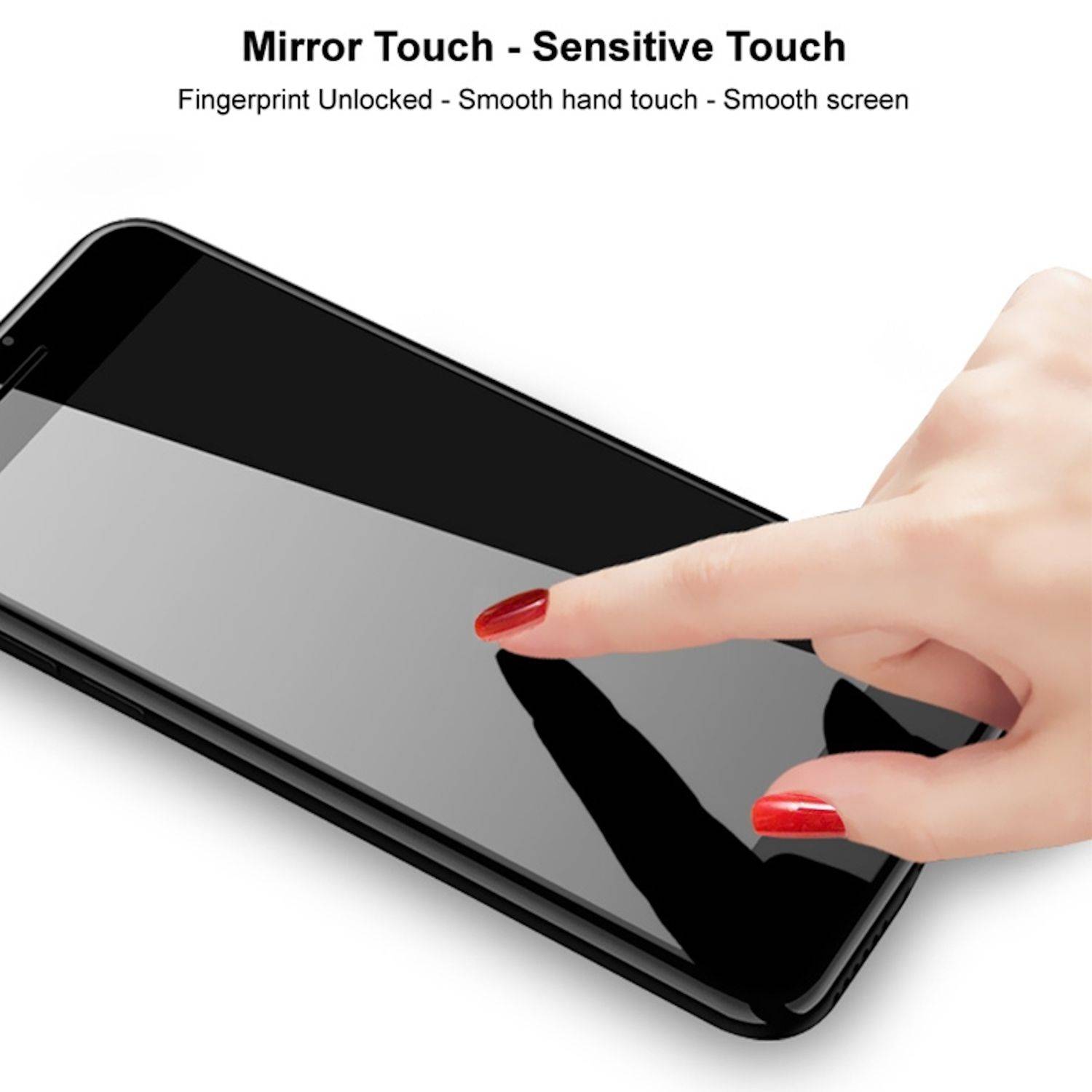 Hand berührt einen glänzenden Smartphone-Bildschirm, beschriftet mit „Mirror Touch – Sensitive Touch