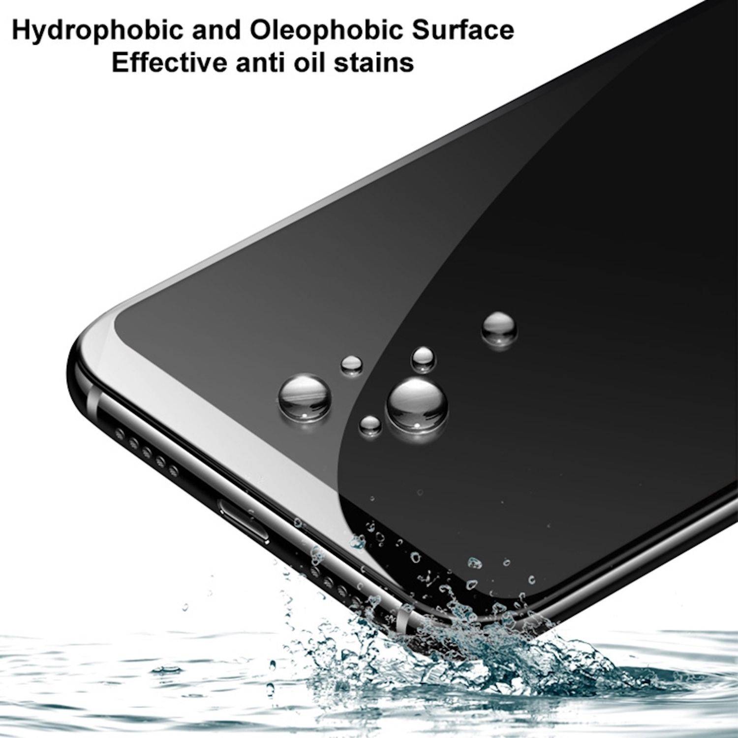 Schwarzes Smartphone mit hydrophober, oleophober Oberfläche, die Wassertropfen abweist; der Text lautet „Hydrophobe und oleophobe Oberfläche