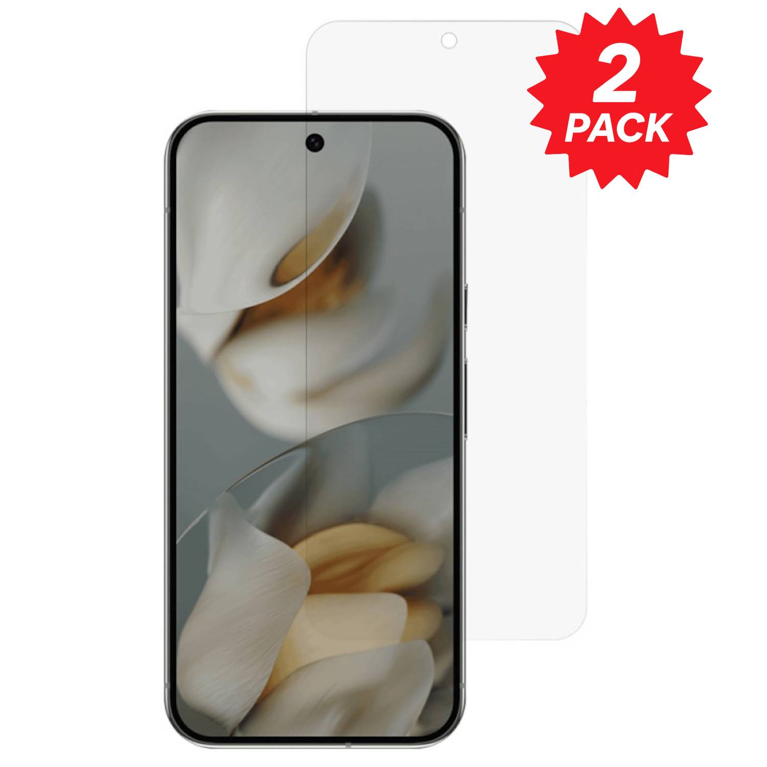 Smartphone mit klarem Displayschutz angezeigt; rotes Badge mit der Aufschrift „2ER-PACK