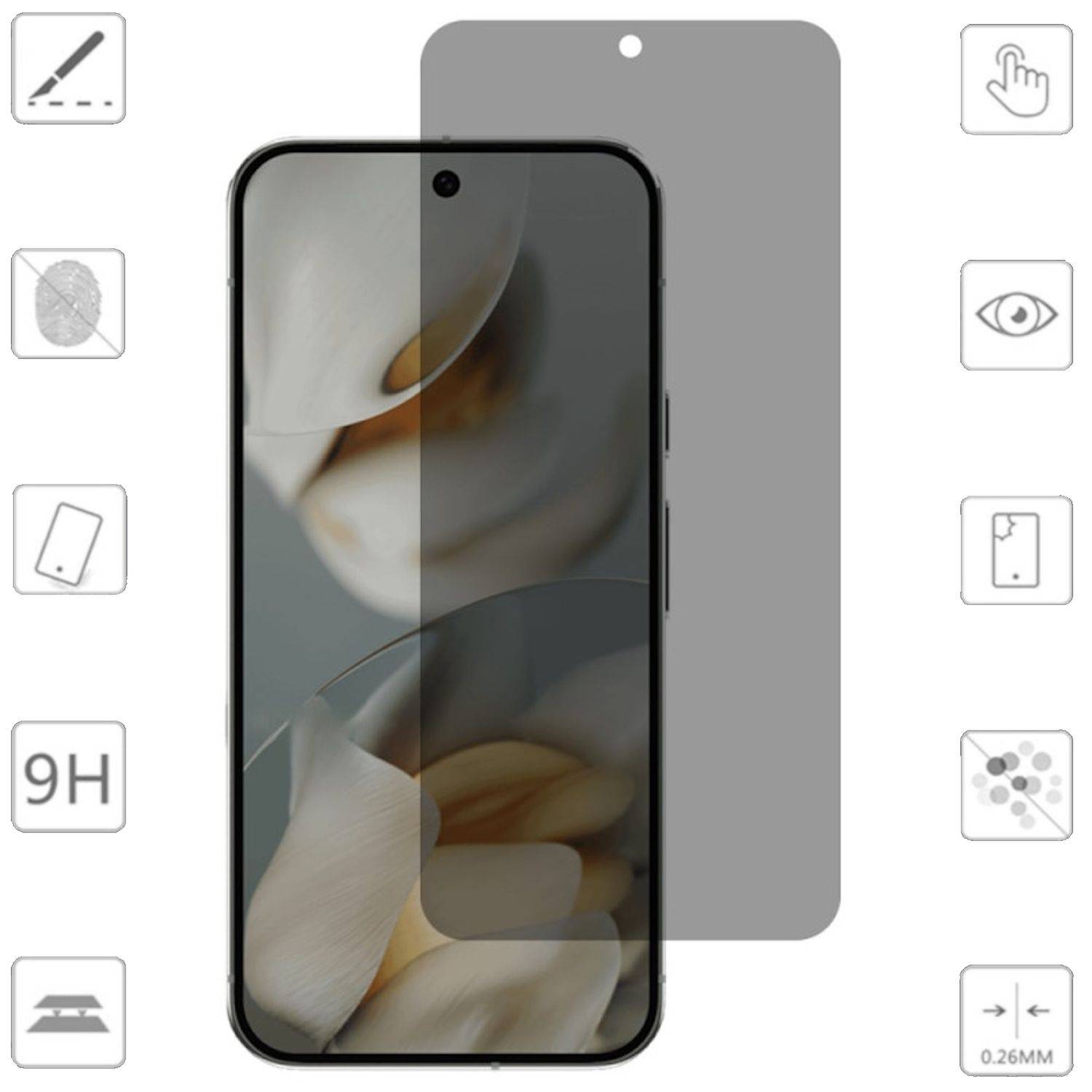 Smartphone-Displayschutzfolie auf einem Telefon, zeigt Vollbildabdeckung, 9H-Härte und 0,26mm Dickensymbole mit Kratzer- und Touchschutzssymbolen.