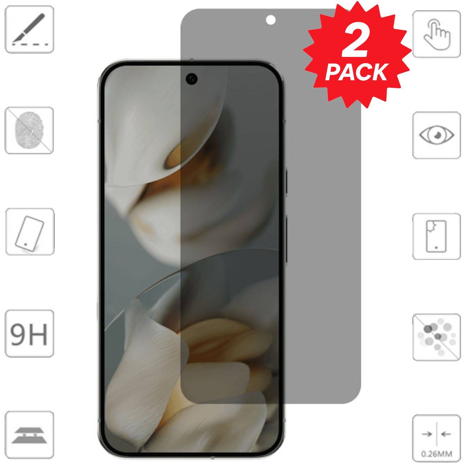 Smartphone-Displayschutzfolie im 2er-Pack mit Telefonvorschau und rotem „2 PACK