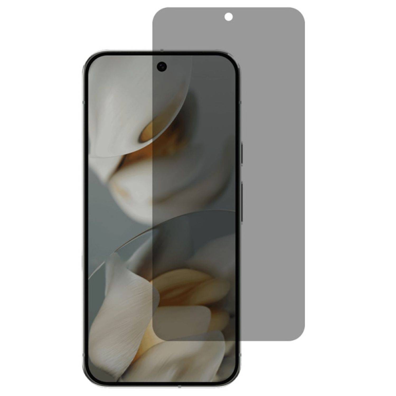 Frontansicht eines Smartphones mit zentrierter Punch-Hole-Anzeige, die ein Blumenmuster zeigt, überlagert auf einer grauen Rückseiten-Vorlage.