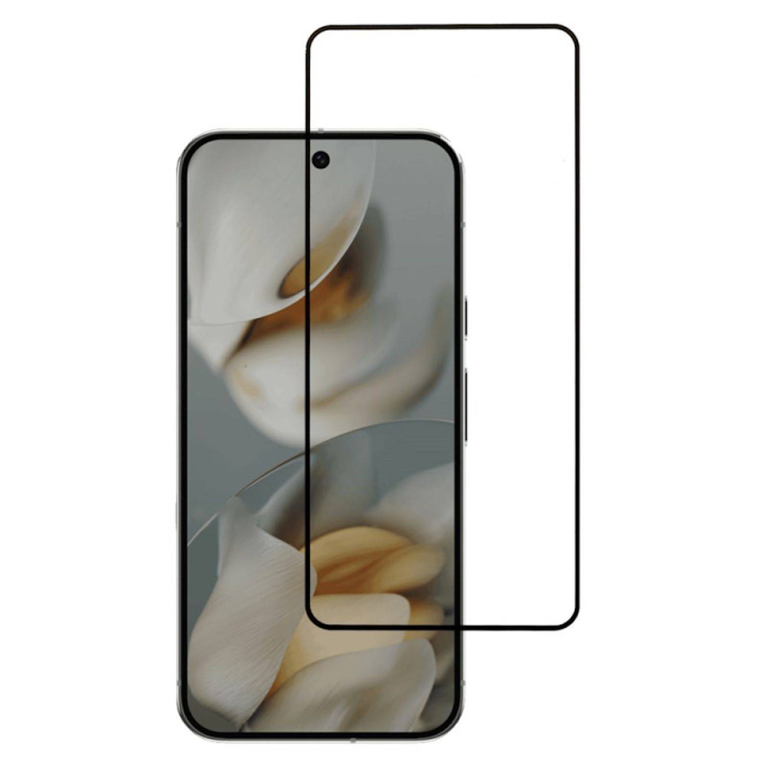 Displayschutzfolie für Smartphones, die über einem Telefondisplay angebracht ist und eine rahmenlose Passform mit abgerundeten Ecken zeigt.