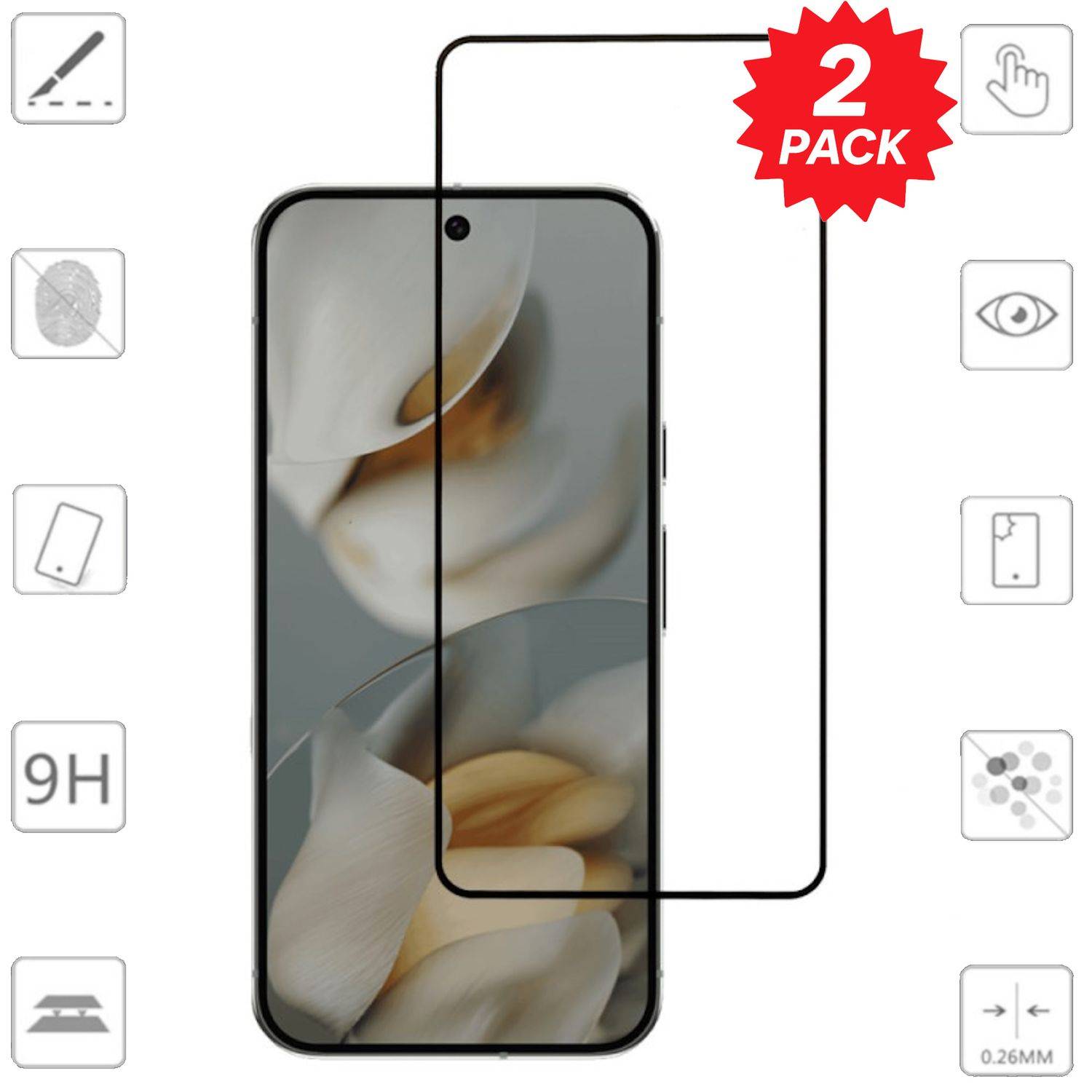 2er-Pack Displayschutzfolie für ein Smartphone, dargestellt über einem Telefon mit Symbolen für 9H-Härte, Datenschutz und 0,26 mm Dicke.