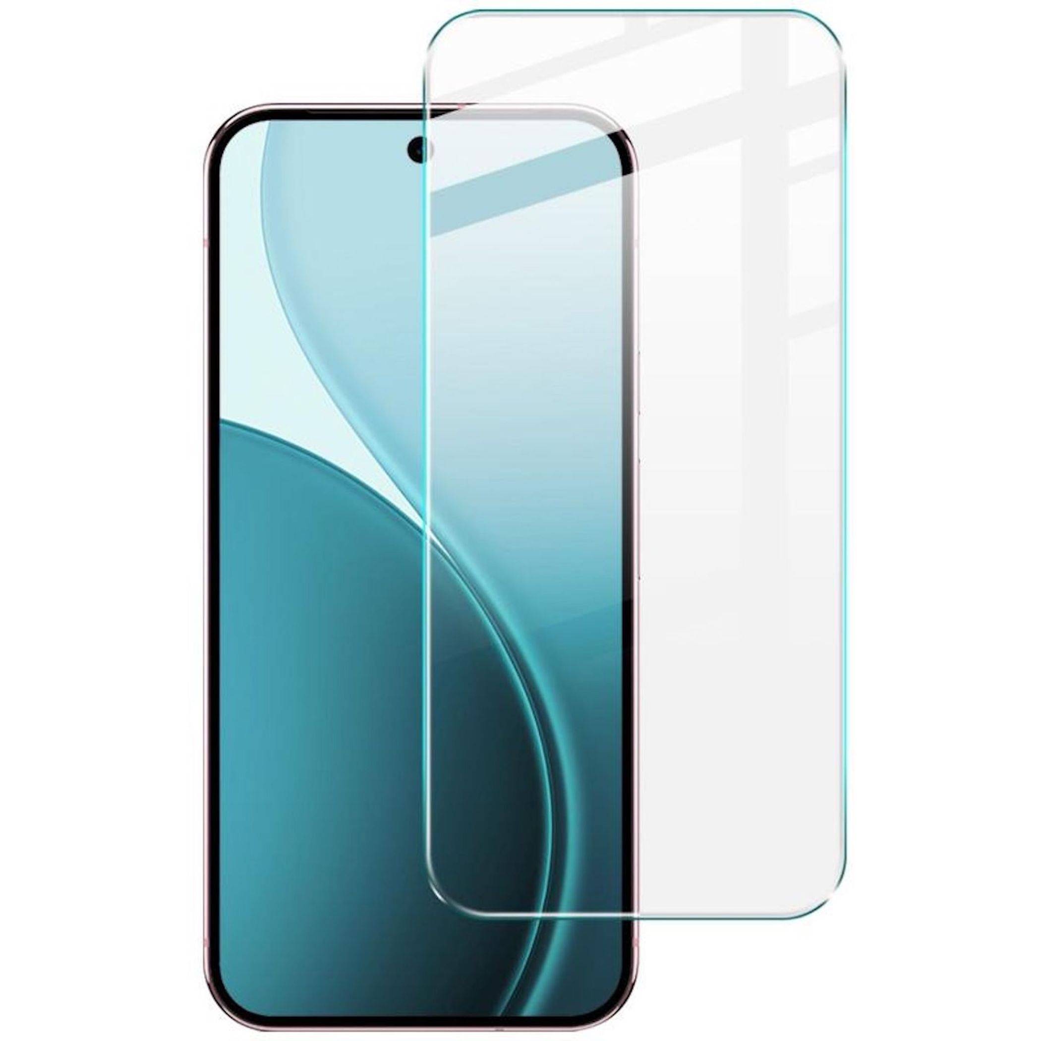 Smartphone mit einem transparenten Displayschutz, der über dem Display angezeigt wird und die kantenlose Abdeckung und abgerundeten Ecken hervorhebt.