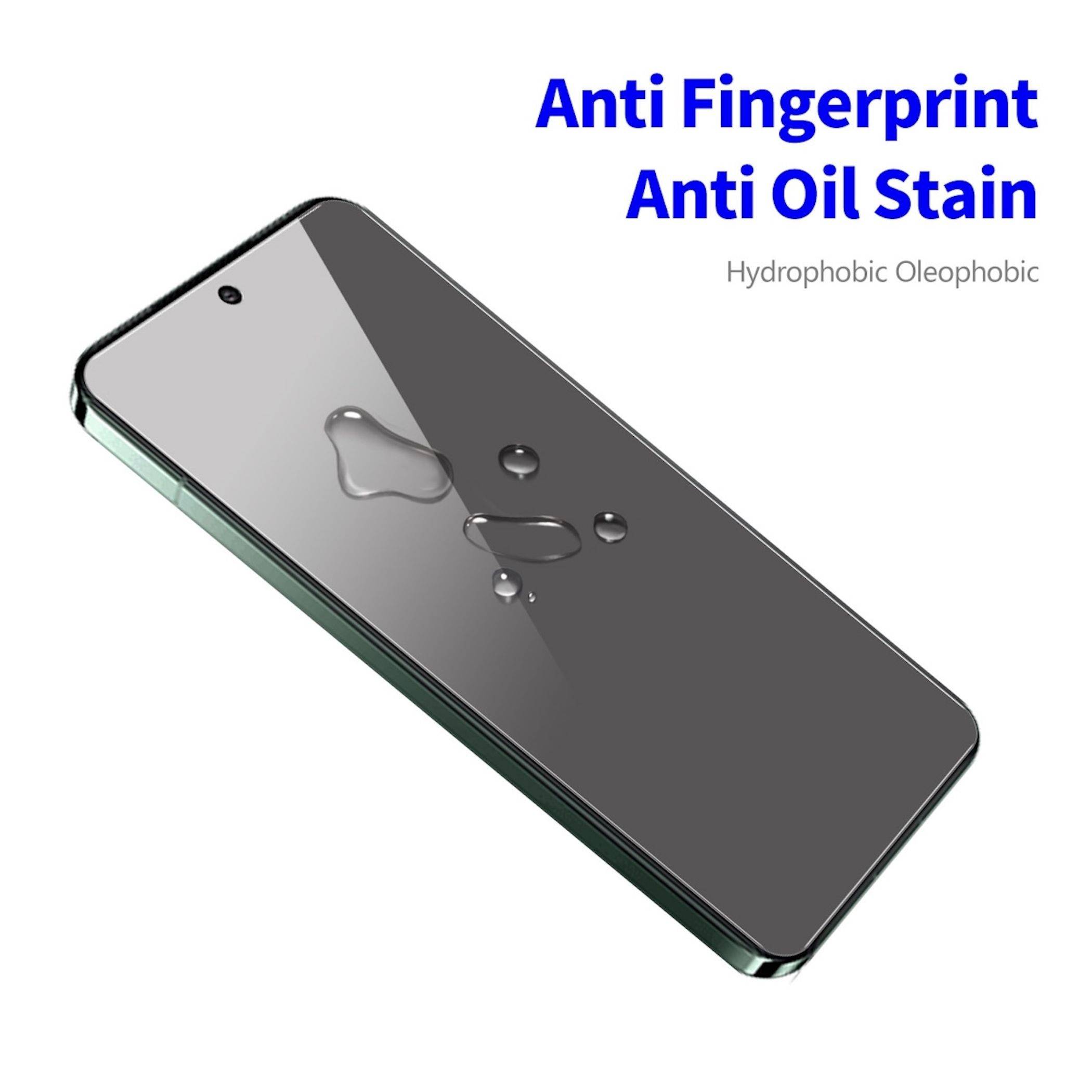 Smartphone-Bildschirm mit Wassertropfen und Text „Anti Fingerprint Anti Oil Stain