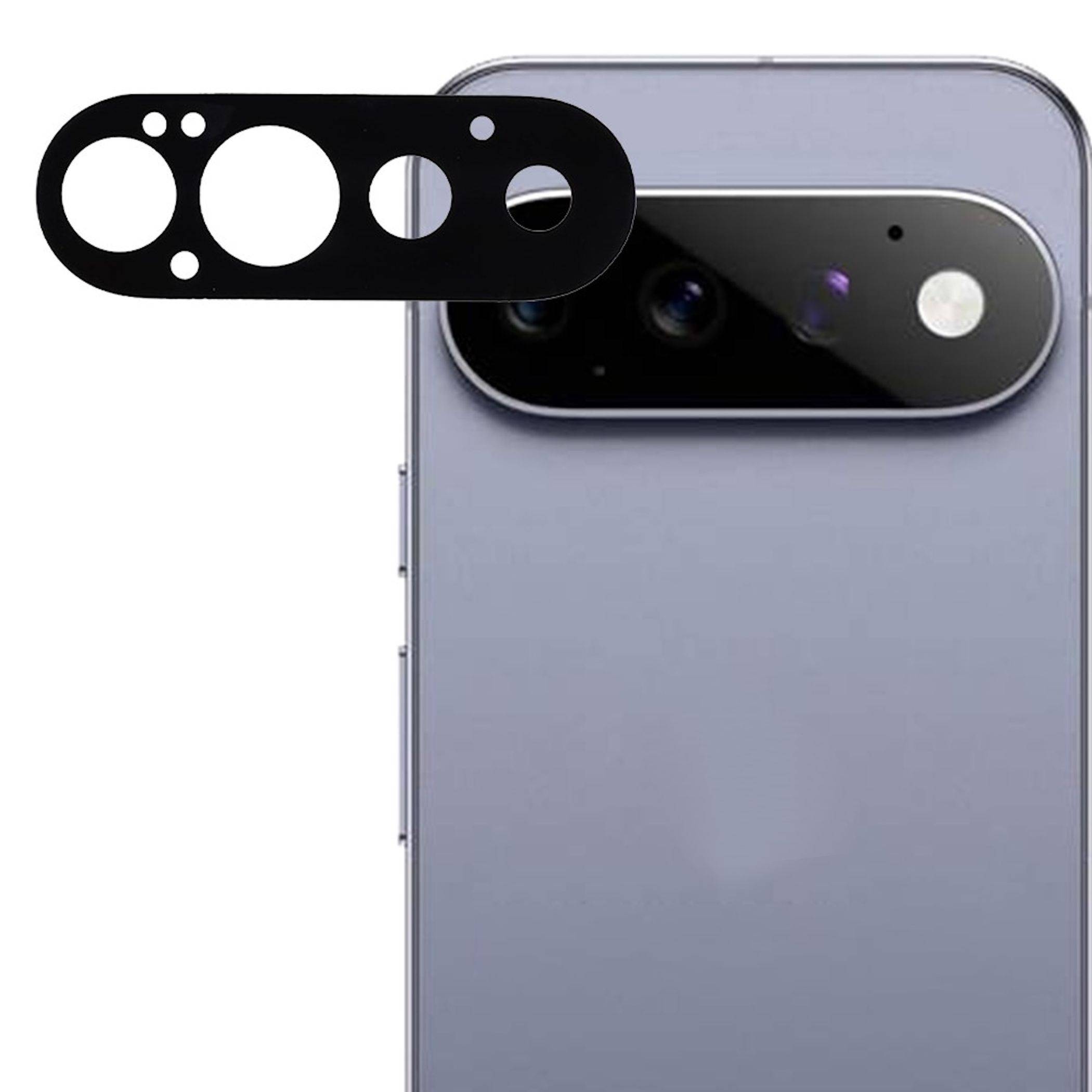 Ein Smartphone-Rückkamera-Modul wird gezeigt, mit einer schwarzen Schutzlinsenabdeckung, die über den Kameraobjektiven und dem Blitz ausgerichtet ist.