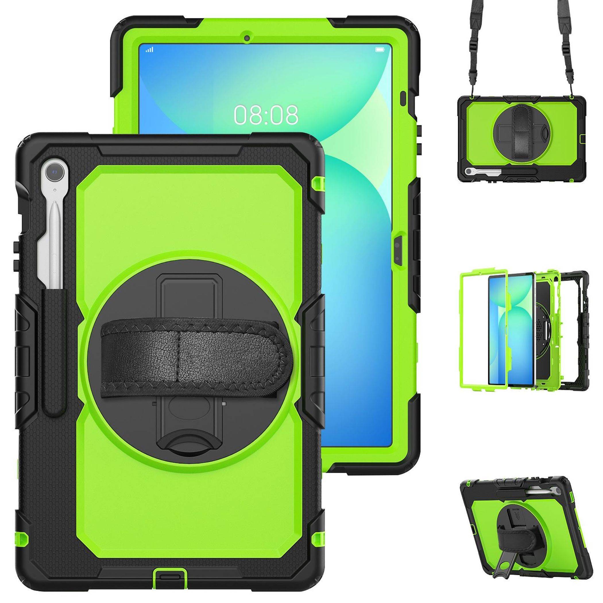 Grünes und schwarzes robustes Tablet-Etui mit kreisförmigem Handriemen und Ständer, gezeigt von vorne, von hinten und mit Schultergurt, zum Schutzumschlag.