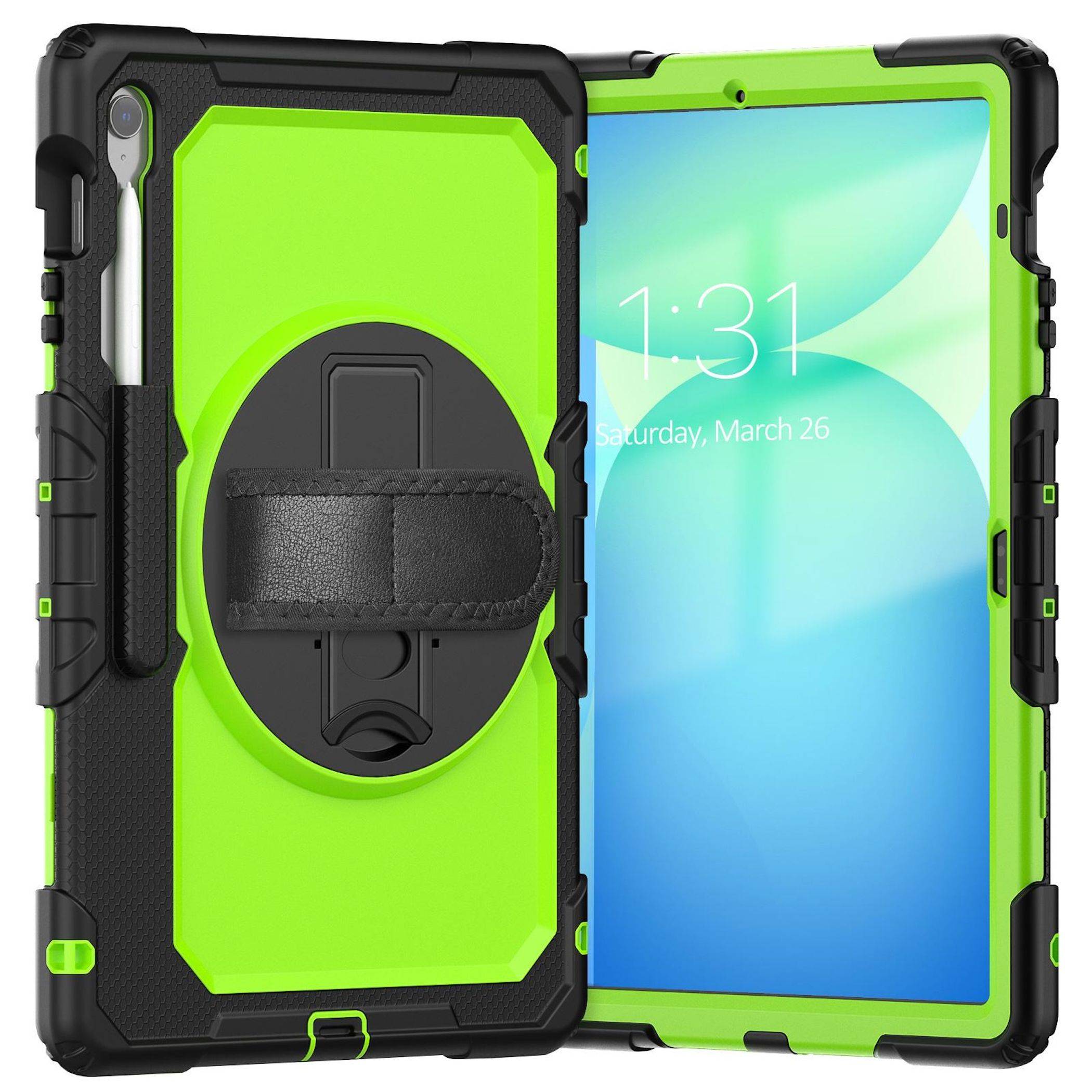 Robuste schwarze und neongrüne Tablet-Schutzhülle mit Ständer und Handschlaufe, von vorne und hinten um einen Tablet-Bildschirm herum dargestellt.