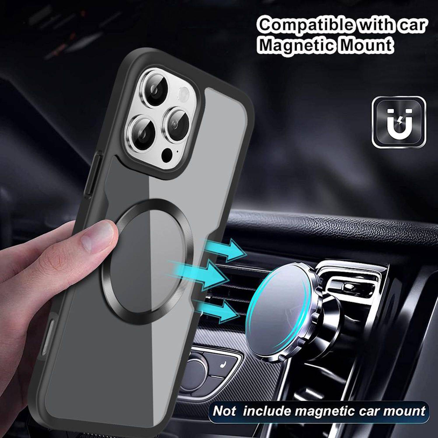 Telefon mit magnetischer Hülle, das sich an eine Autolüftungshalterung ausrichtet; Text besagt „Kompatibel mit Auto-Magnethalterung
