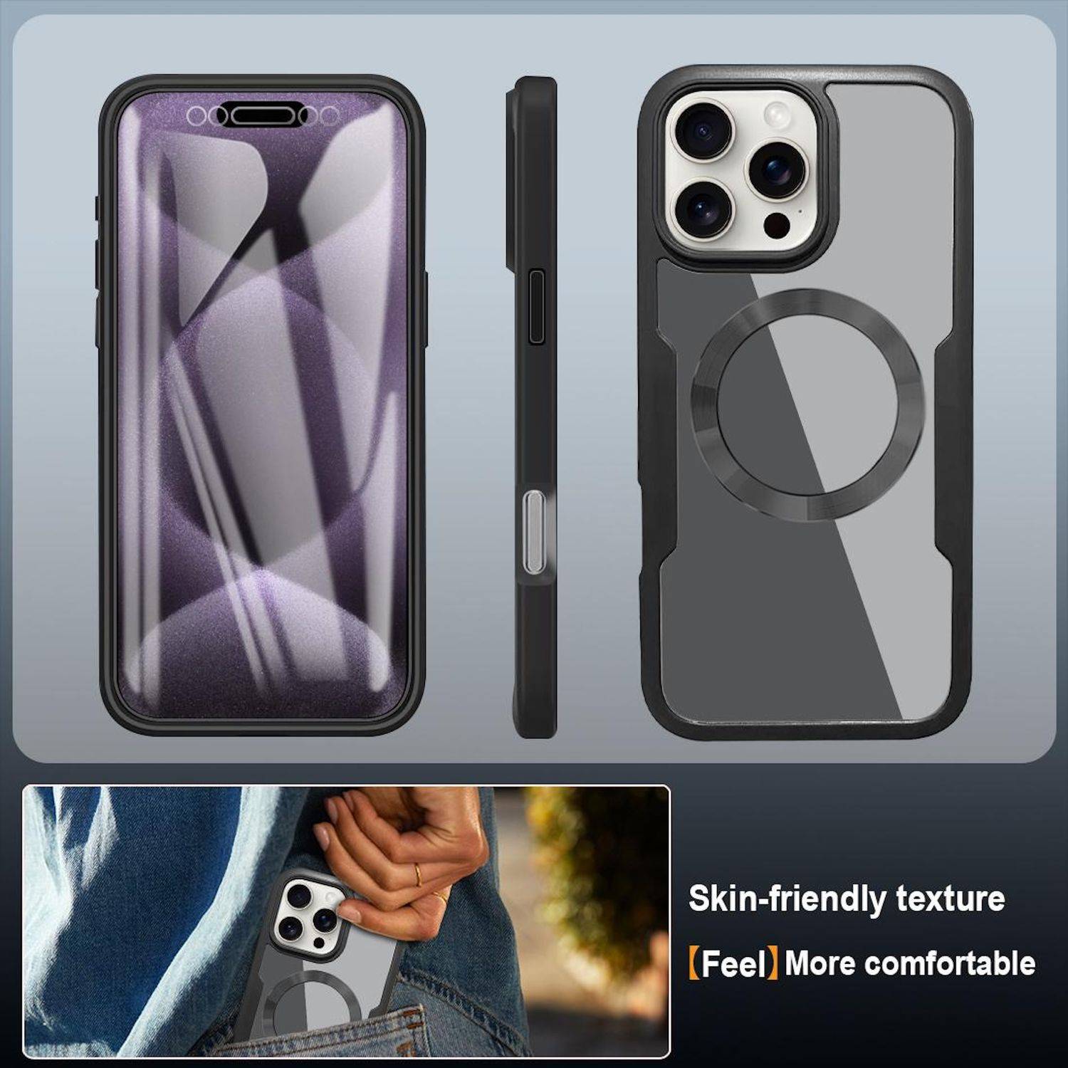 Werbebild eines grauen iPhone-Schutzes mit MagSafe-Ring, gezeigt von vorne, von der Seite und von hinten, plus ein Lifestyle-Foto und Text mit der Aufschrift „Hautfreundliche Textur