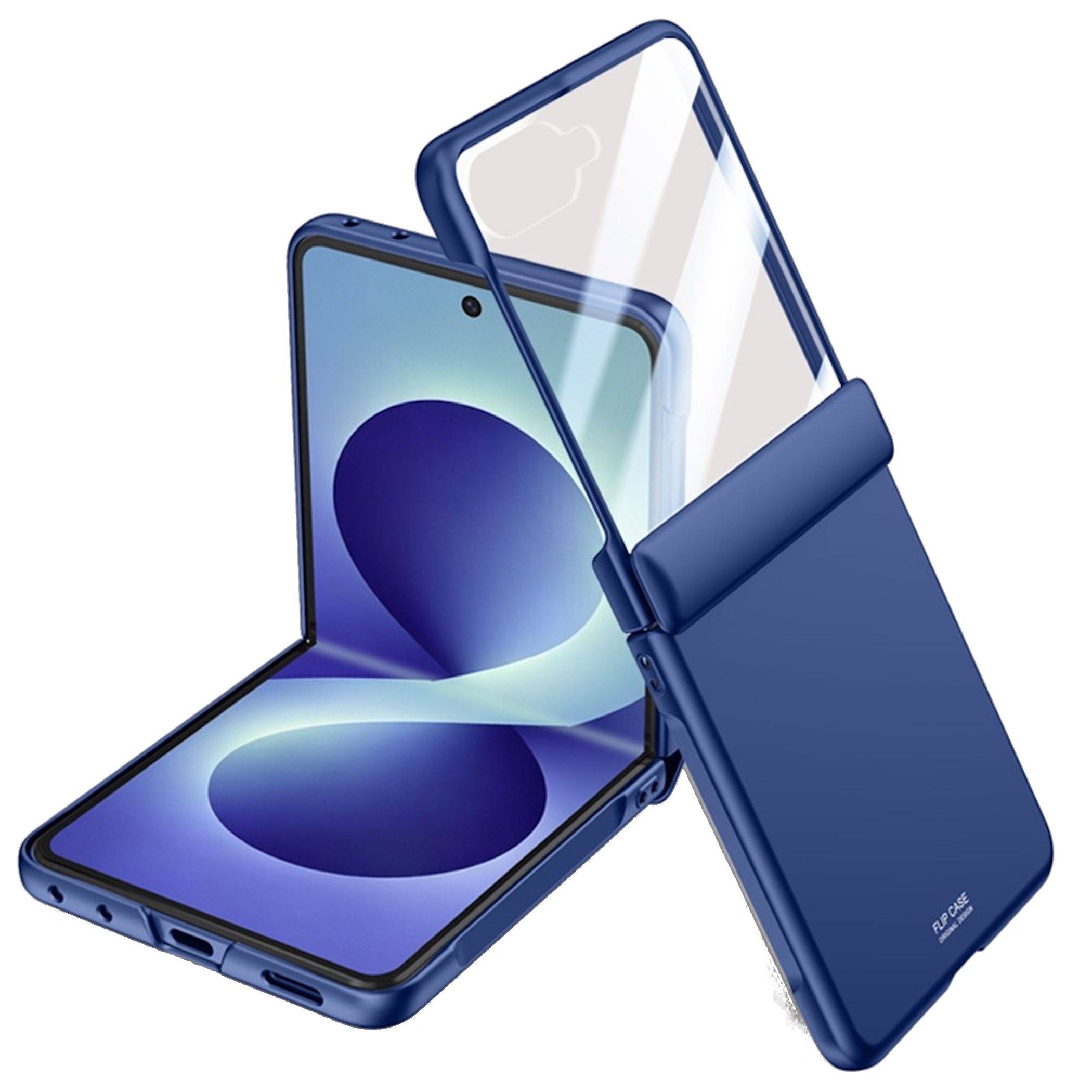 Blaues faltbares Smartphone, offen im rechten Winkel angezeigt, mit der Rückansicht teilweise geschlossen, um sein schlankes Scharnier-Design zu zeigen.