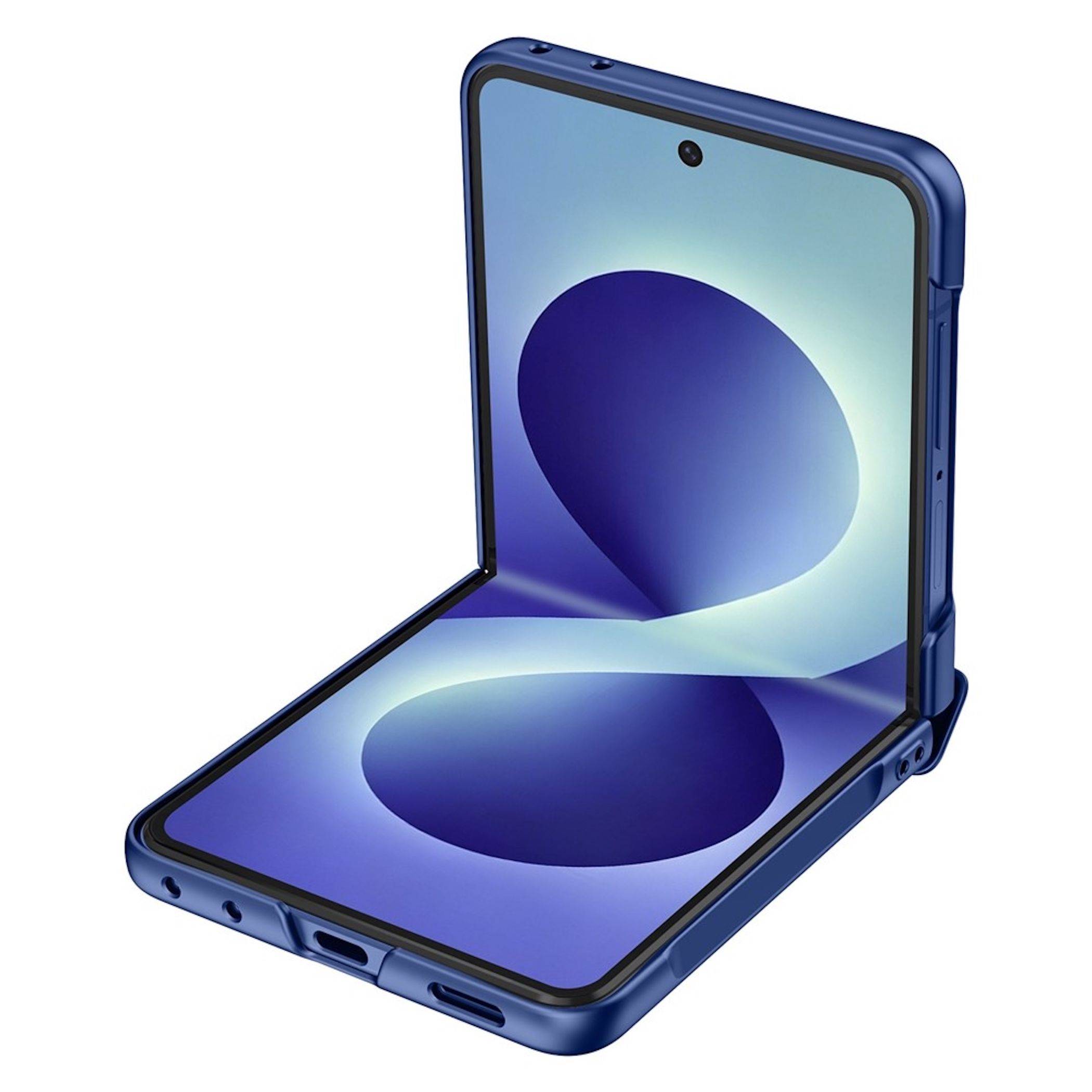 Blaudruckbares Smartphone, geöffnet wie ein kleiner Laptop, mit zentriertem Frontkamera-Loch und abstrakter blauer Bildschirmhintergrund.