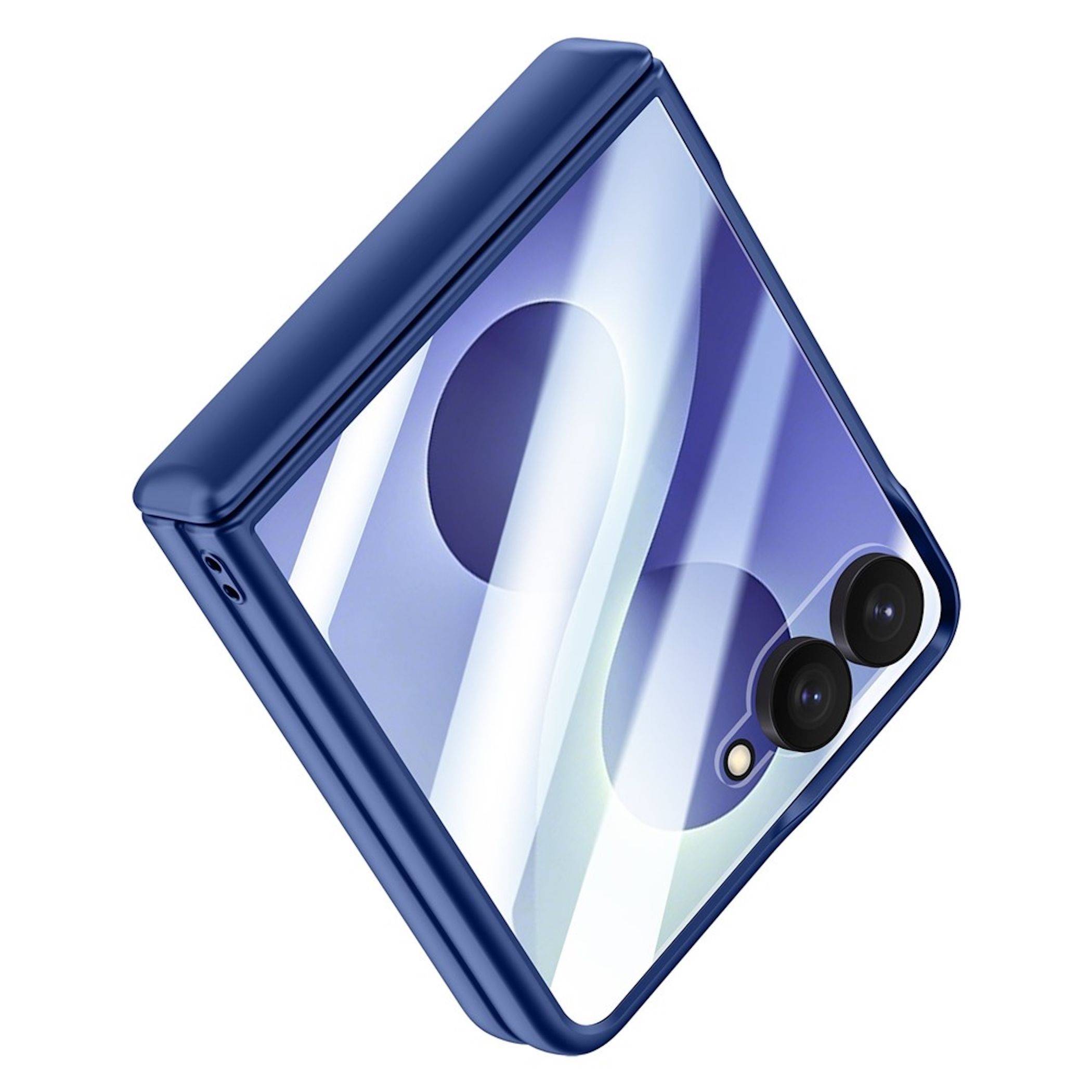 Faltbares Smartphone, teilweise geöffnet in Blau gezeigt, mit sichtbaren Dual-Rückfahrkameras auf der Rückseite.