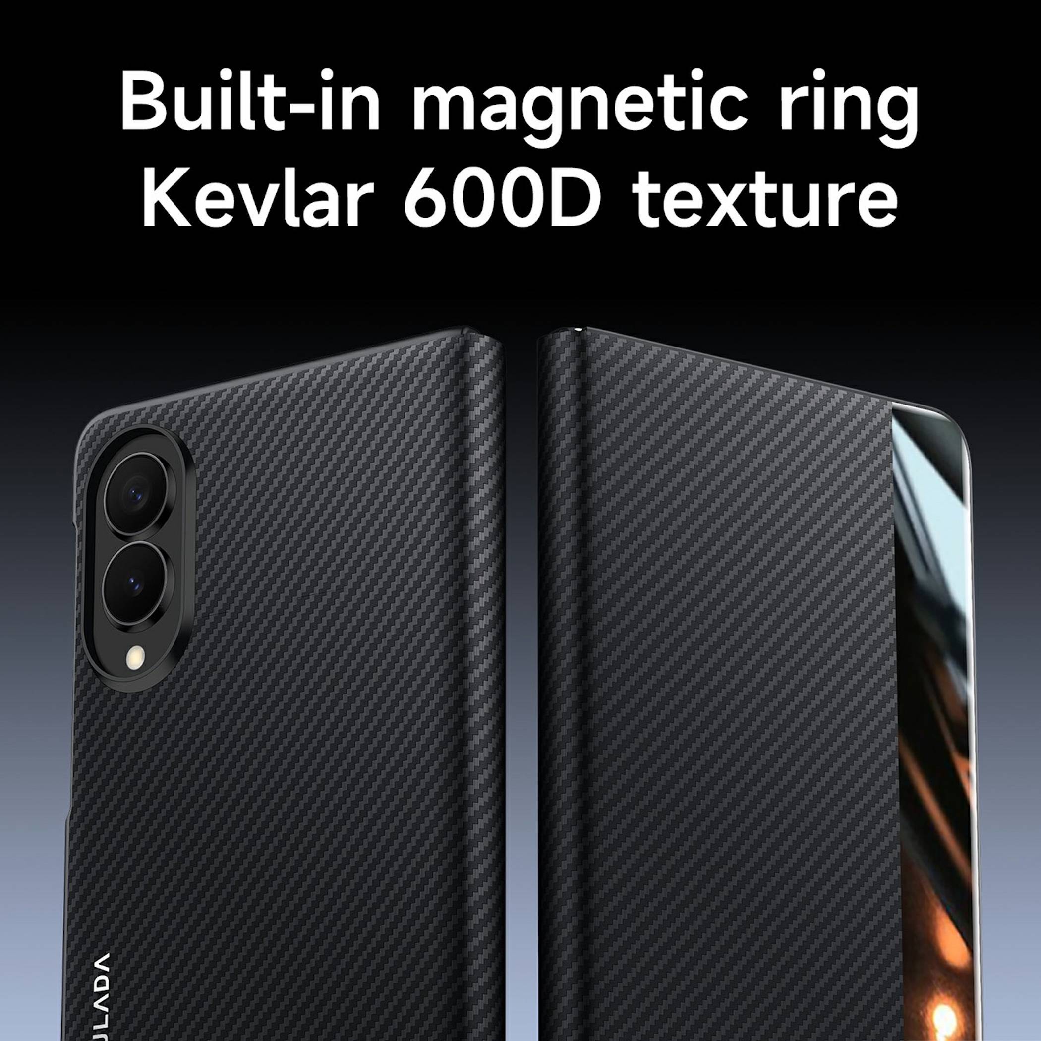 Schwarze Handyhülle mit kohlefaserartiger Kevlar-600D-Textur und integriertem magnetischem Ring, gezeigt auf einem faltbaren Telefon.