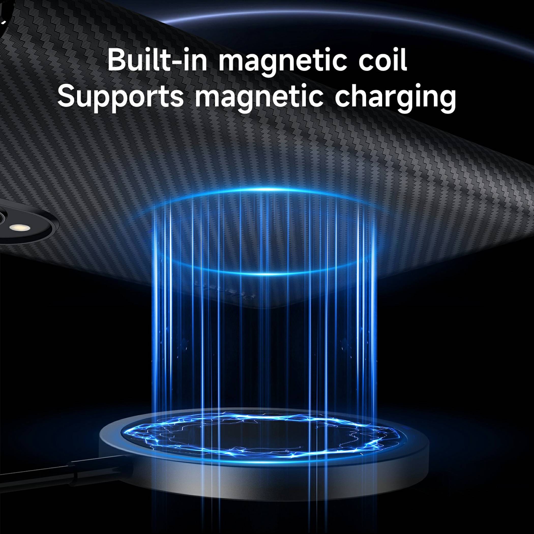 Grafik eines Handyhüllen-Designs mit einer integrierten magnetischen Spule, die magnetisches Laden unterstützt, mit blauen Energielinien, die sich mit einem Ladearing verbinden.