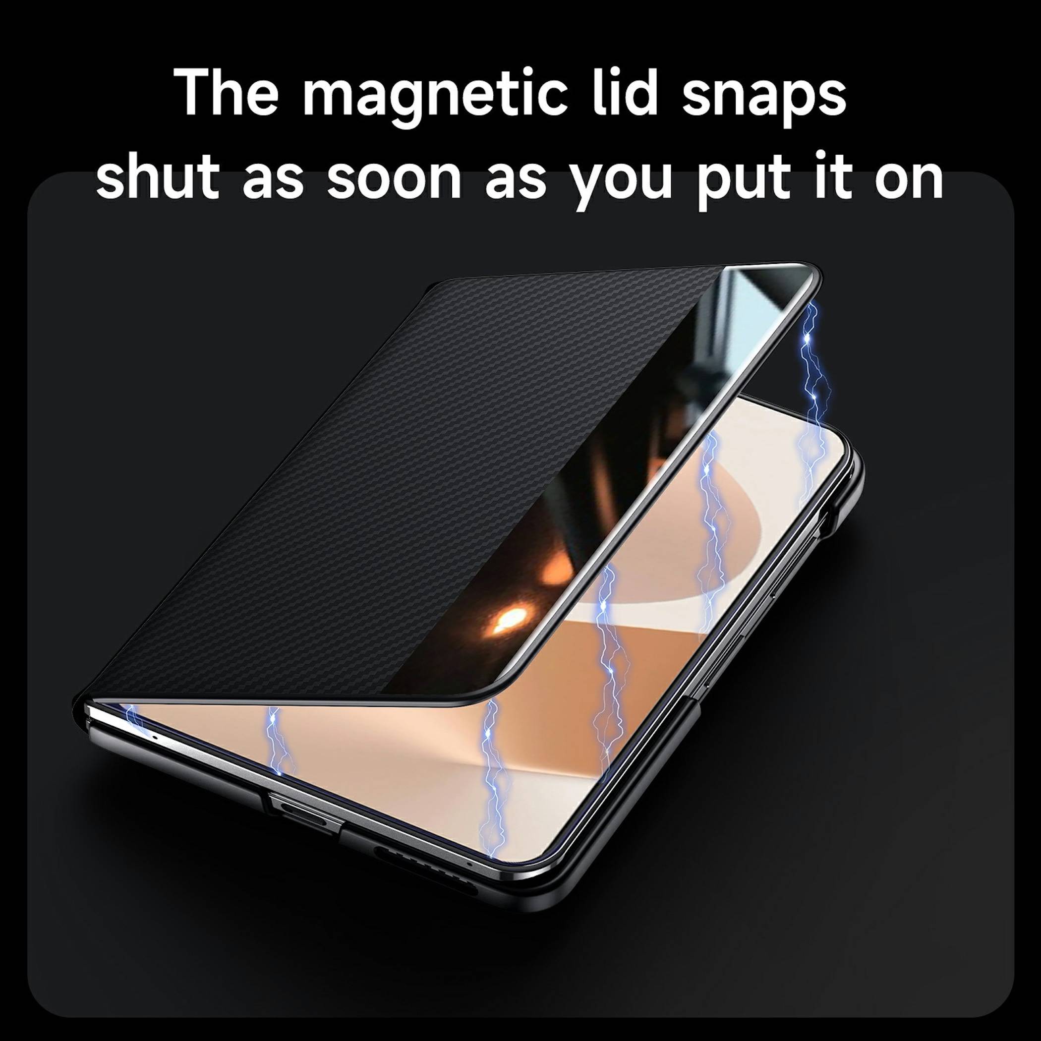 Magnetische Handyhülle mit Schnappdeckel, teilweise über einem Smartphone geöffnet mit Blitzeffekt gezeigt; der Text besagt, dass sie sich beim Aufsetzen schließt.