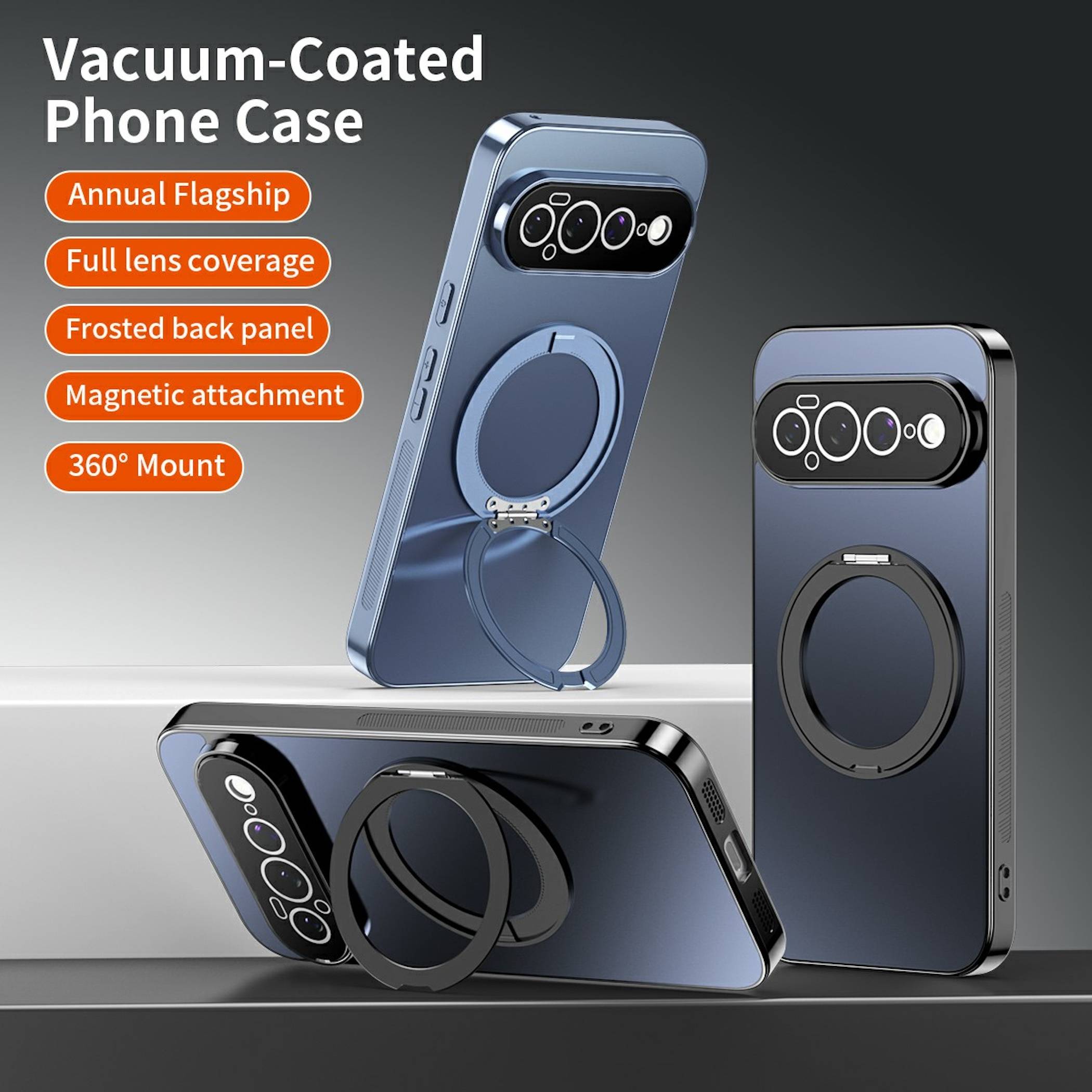 Produktanzeige für eine 'Vakuum-beschichtete Handyhülle' mit drei blauen Hüllen mit einer kreisförmigen magnetischen Halterung, gekennzeichnet mit jährliches Flaggschiff, vollständige Objektivabdeckung, mattiertes Rückenpanel und 360°-Halterung.