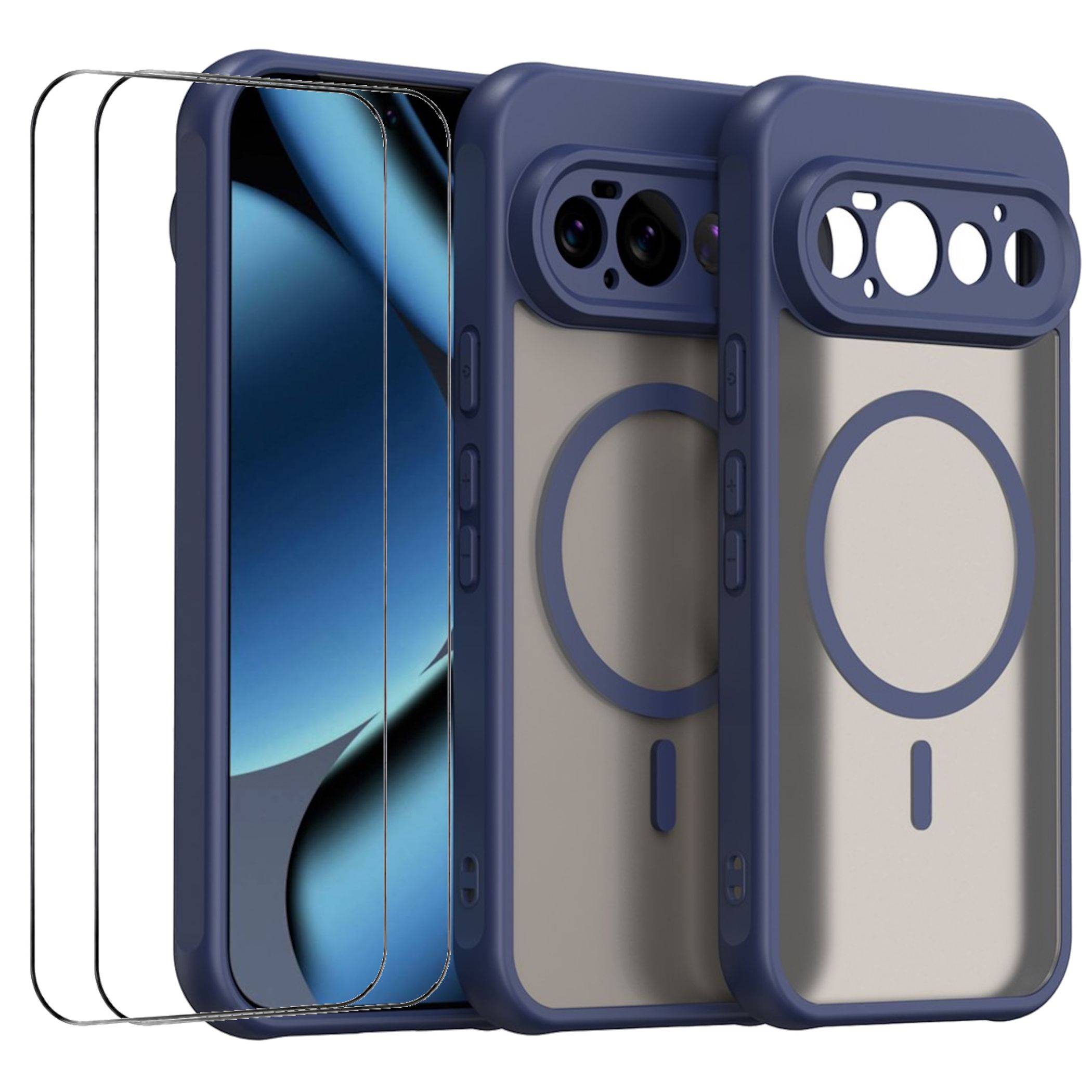 Drei blaue Handyhüllen und ein Telefon von vorne und hinten, das ein magnetisches kreisförmiges Ringdesign im MagSafe-Stil und Kameraausschnitte hervorhebt.