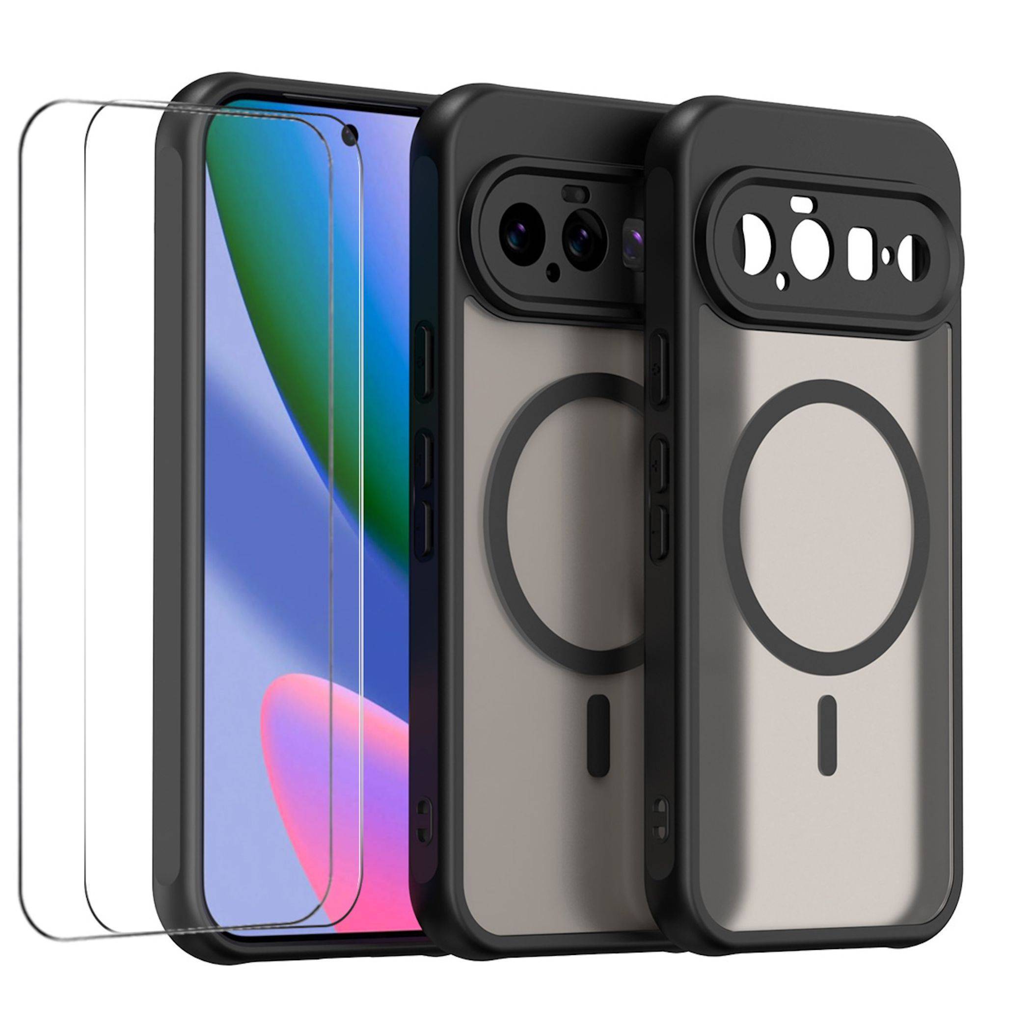 Drei Smartphone-Hüllen mit einem Telefon und zwei durchsichtigen Displayschutzfolien gezeigt, mit Kameraausschnitten und einem kreisförmigen MagSafe-ähnlichen Ring auf der Rückseite.