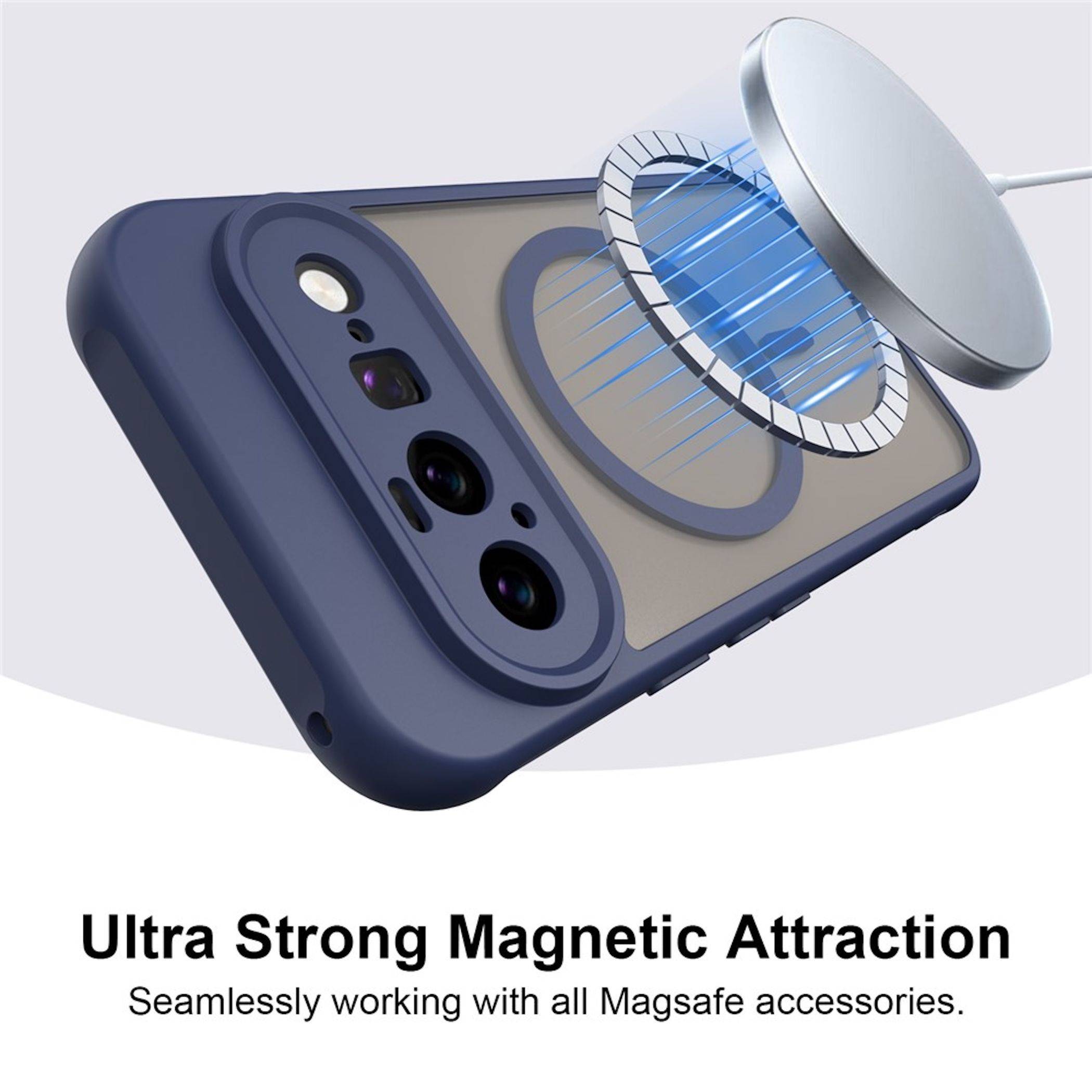 Explosionszeichnung einer Handyhülle mit magnetischem Ring, der auf ein MagSafe-Ladegerät ausgerichtet ist; der Text besagt „Ultra starke magnetische Anziehung