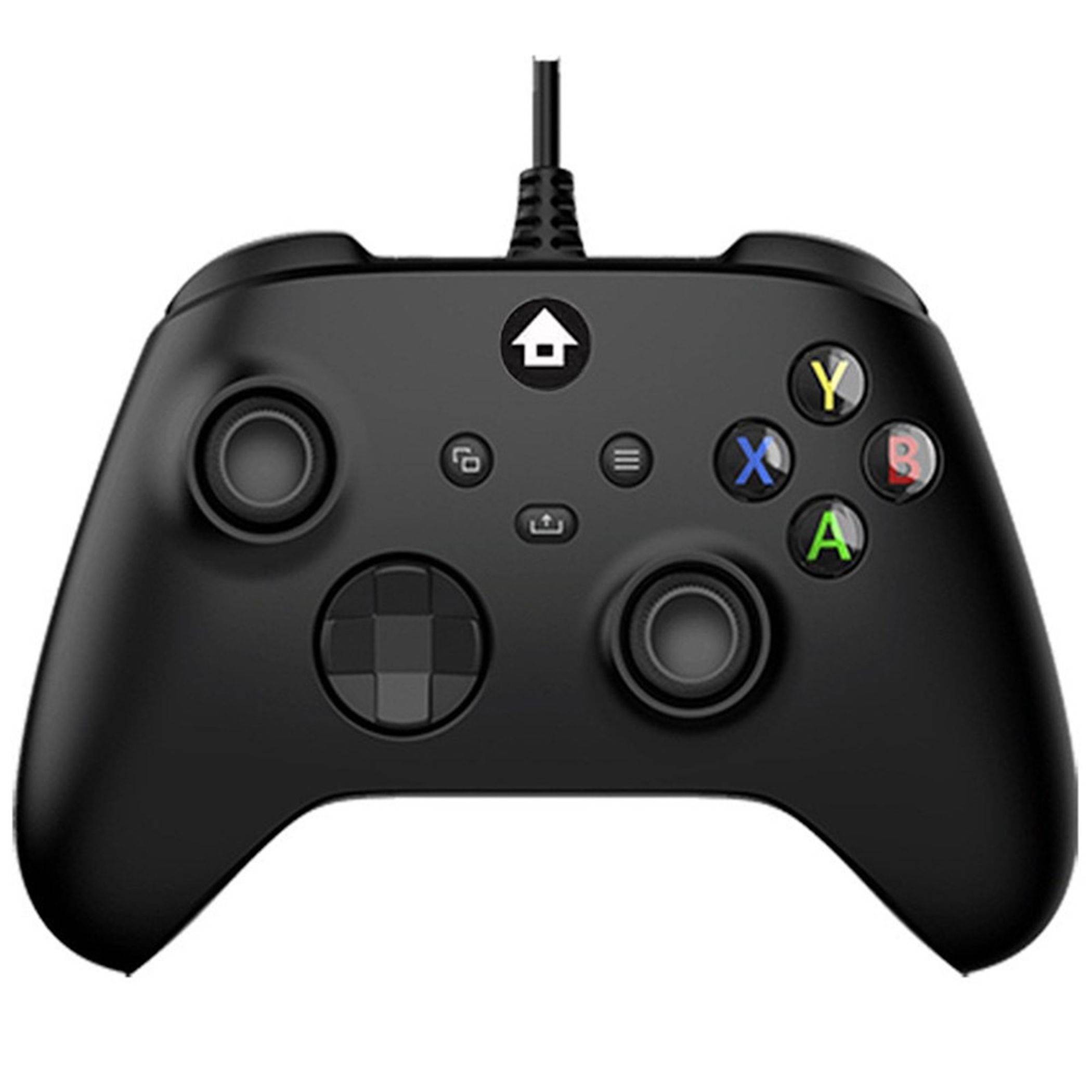 Schwarzer kabelgebundener Spielcontroller mit dualen Analog-Sticks, D-Pad, Menütasten und farbigen A/B/X/Y-Aktionstasten.