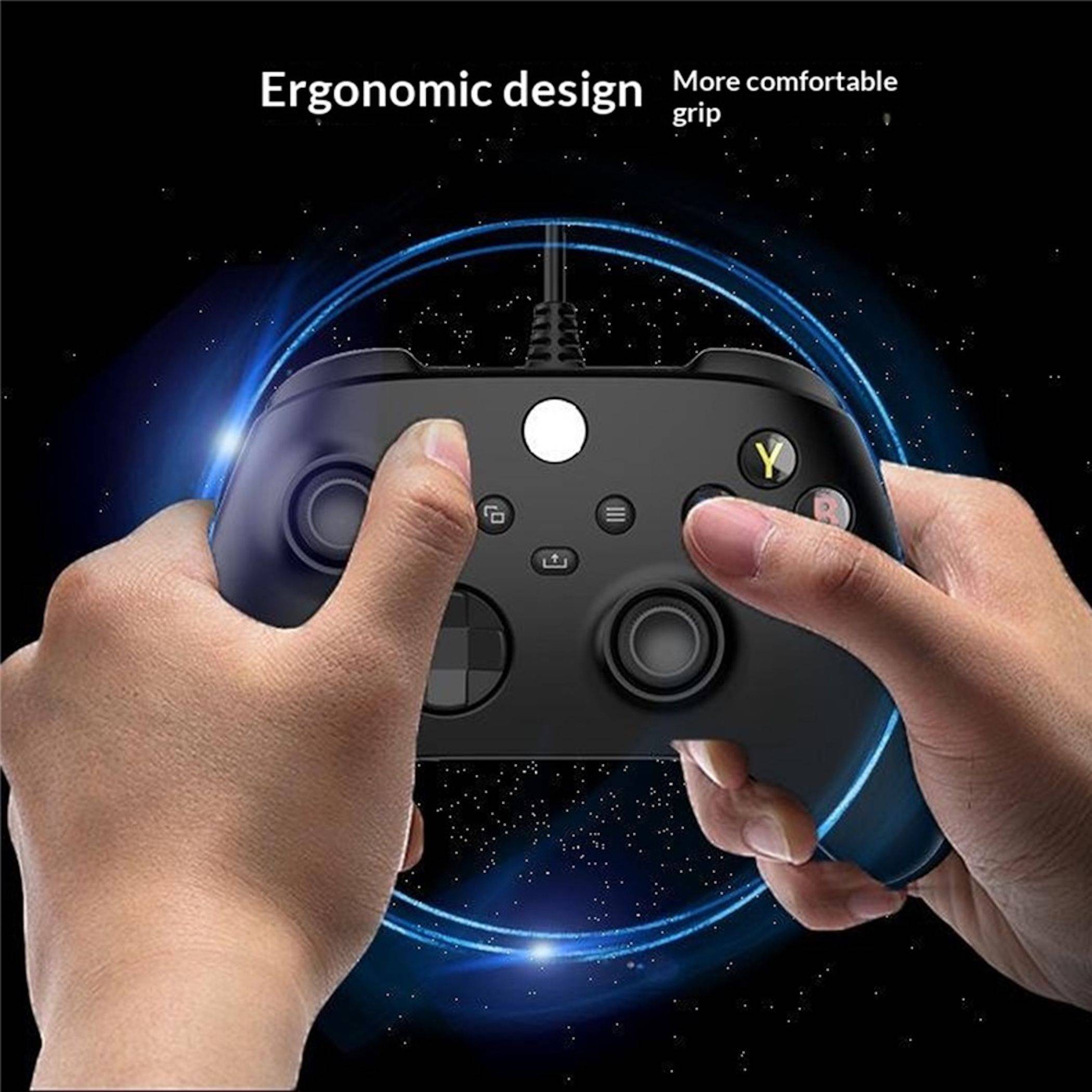 Hände halten einen Spielecontroller mit dem Text „Ergonomisches Design" und „Komfortablerer Griff"", der einen komfortablen, ergonomischen Griff zeigt.