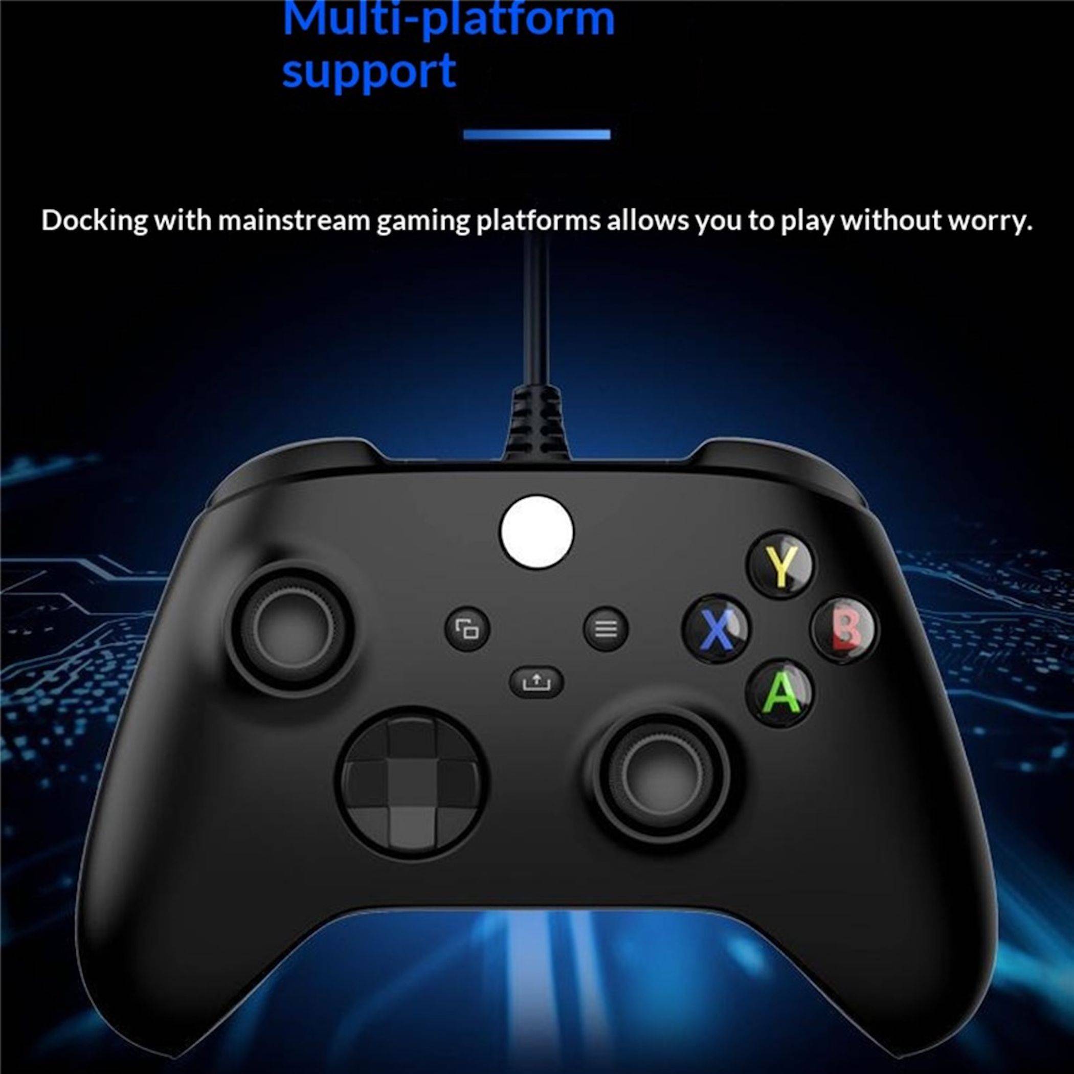 Schwarzer Game-Controller mit Kabel in Vorderansicht mit dem Text "Multi-Plattform-Unterstützung"" und ""Das Andocken an gängige Gaming-Plattformen ermöglicht sorgloses Spielen."