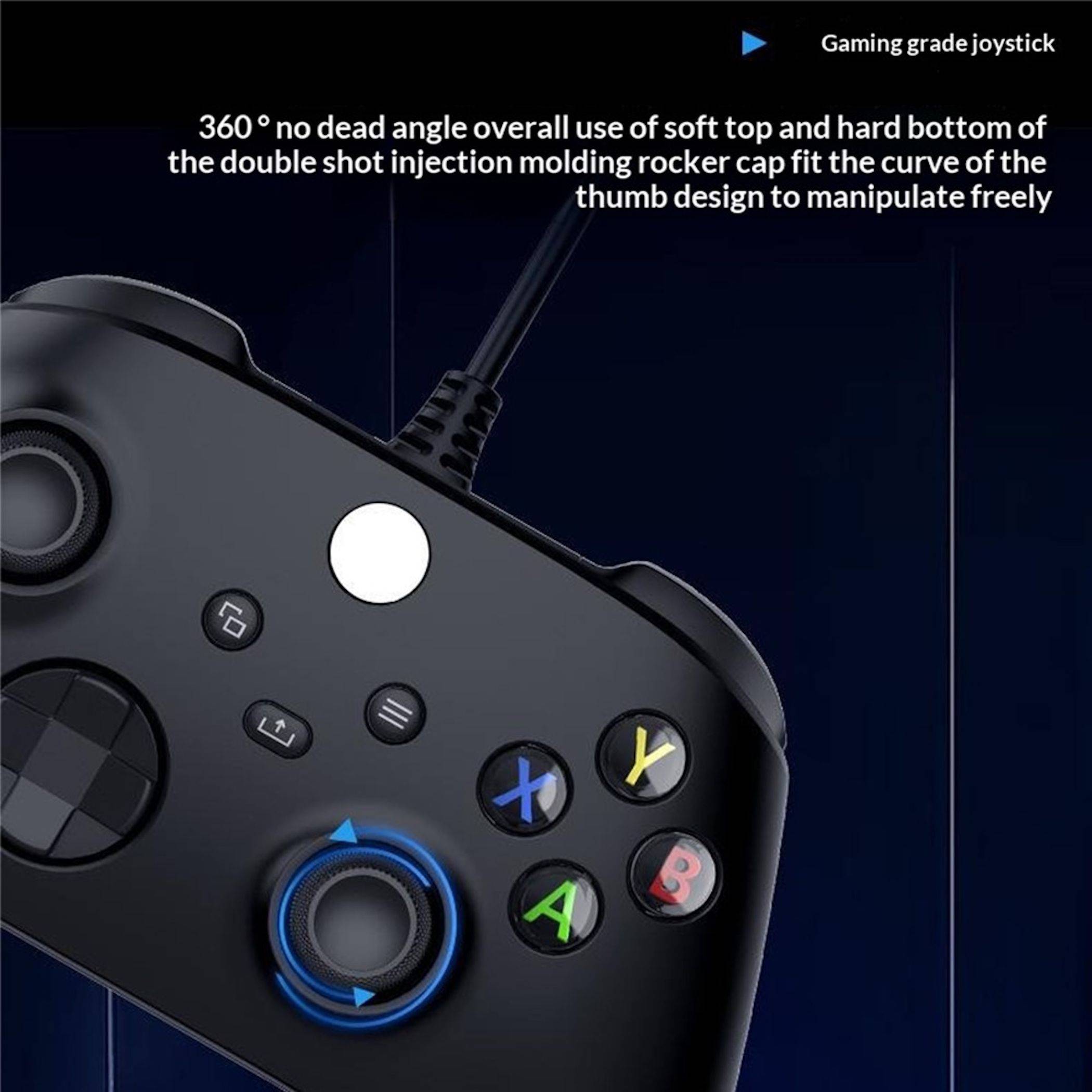 Schwarzer Gaming-Joystick in Nahaufnahme mit blaubeleuchteter Steuerknüppel und farbigen Tasten, mit der Bezeichnung „Gaming-Joystick" und beschrieben als 360°-Steuerung ohne toten Bereich.