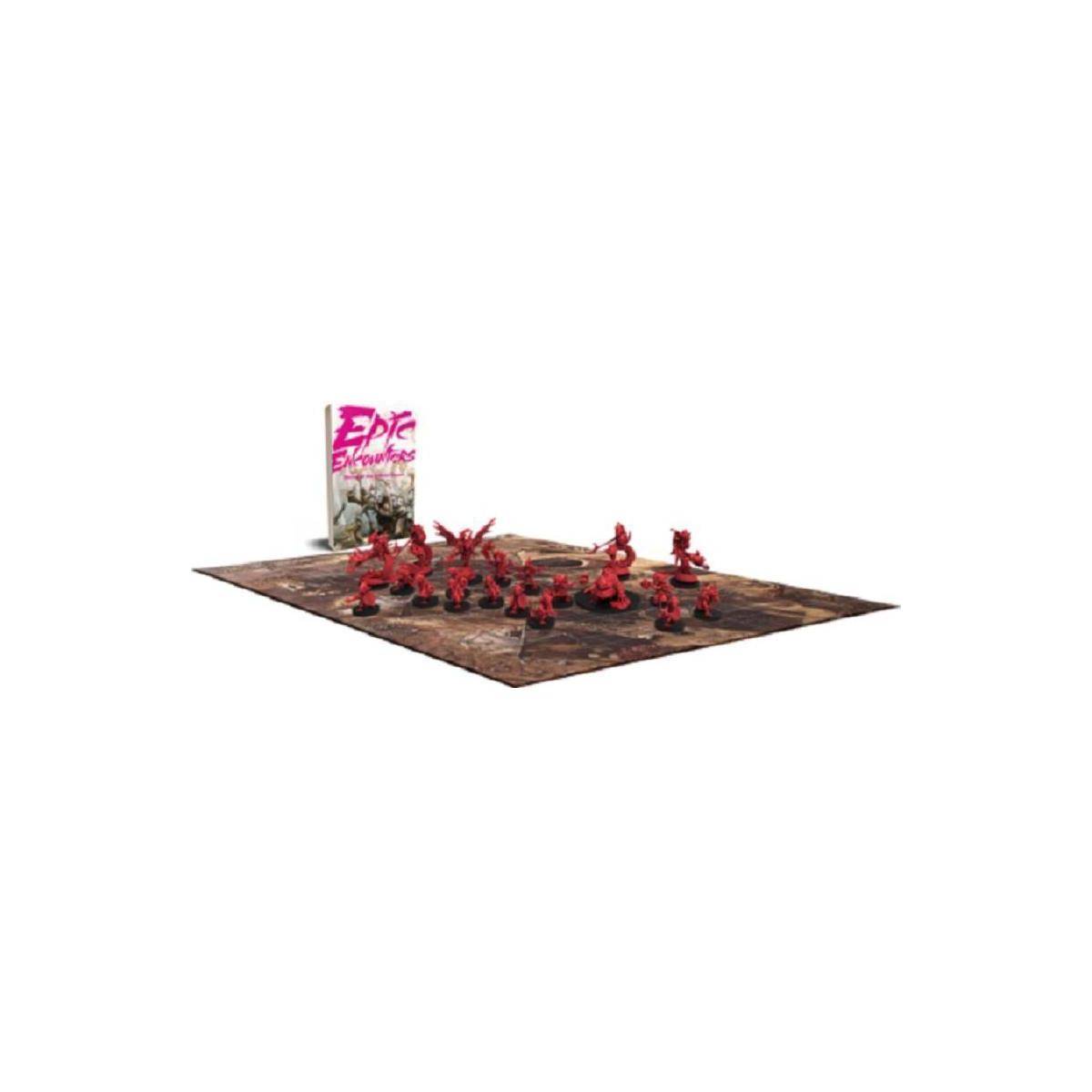 Miniatur-Tabletop-Spielset mit rot gepanzerten Figuren auf einer Schlachtkarte neben einer Box mit der Aufschrift 