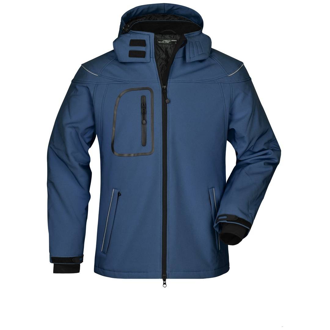 Blauer Kapuzenjacke mit Reißverschluss vorne und schwarzer Einfassung, einer Brusttasche und zwei unteren Reißverschlusstaschen auf weißem Hintergrund.
