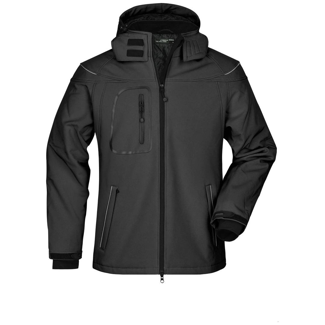 Schwarze Kapuzenjacke mit Reißverschluss und mehreren Reißverschlusstaschen sowie hohem Kragen, Vorderansicht auf weißem Hintergrund.