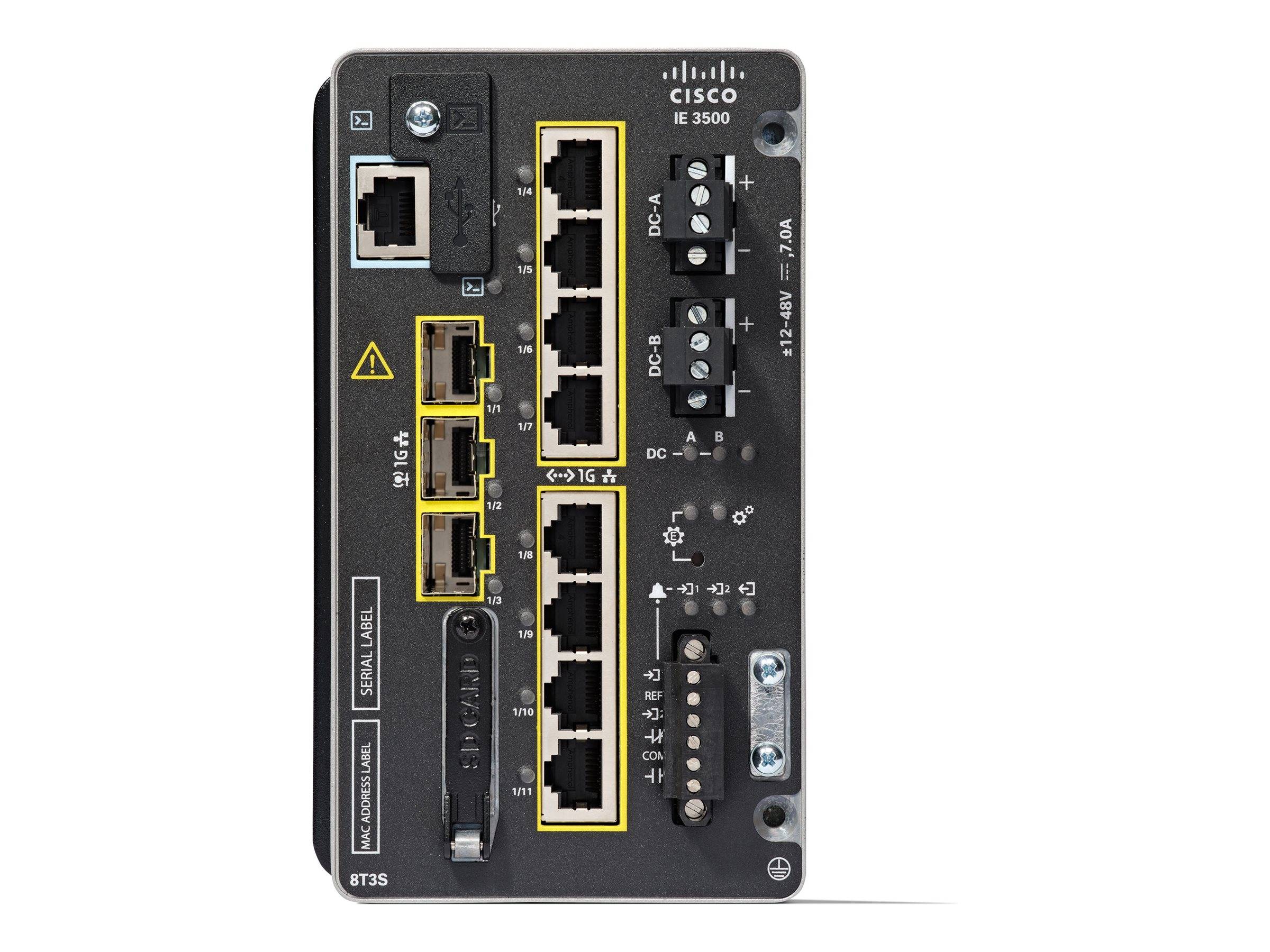 Cisco IE 3500 Industrie-Ethernet-Switch Frontplatte mit mehreren gekennzeichneten RJ45-Anschlüssen und Stromanschlüssen, mehrere Anschlussgruppen sind gelb hervorgehoben.