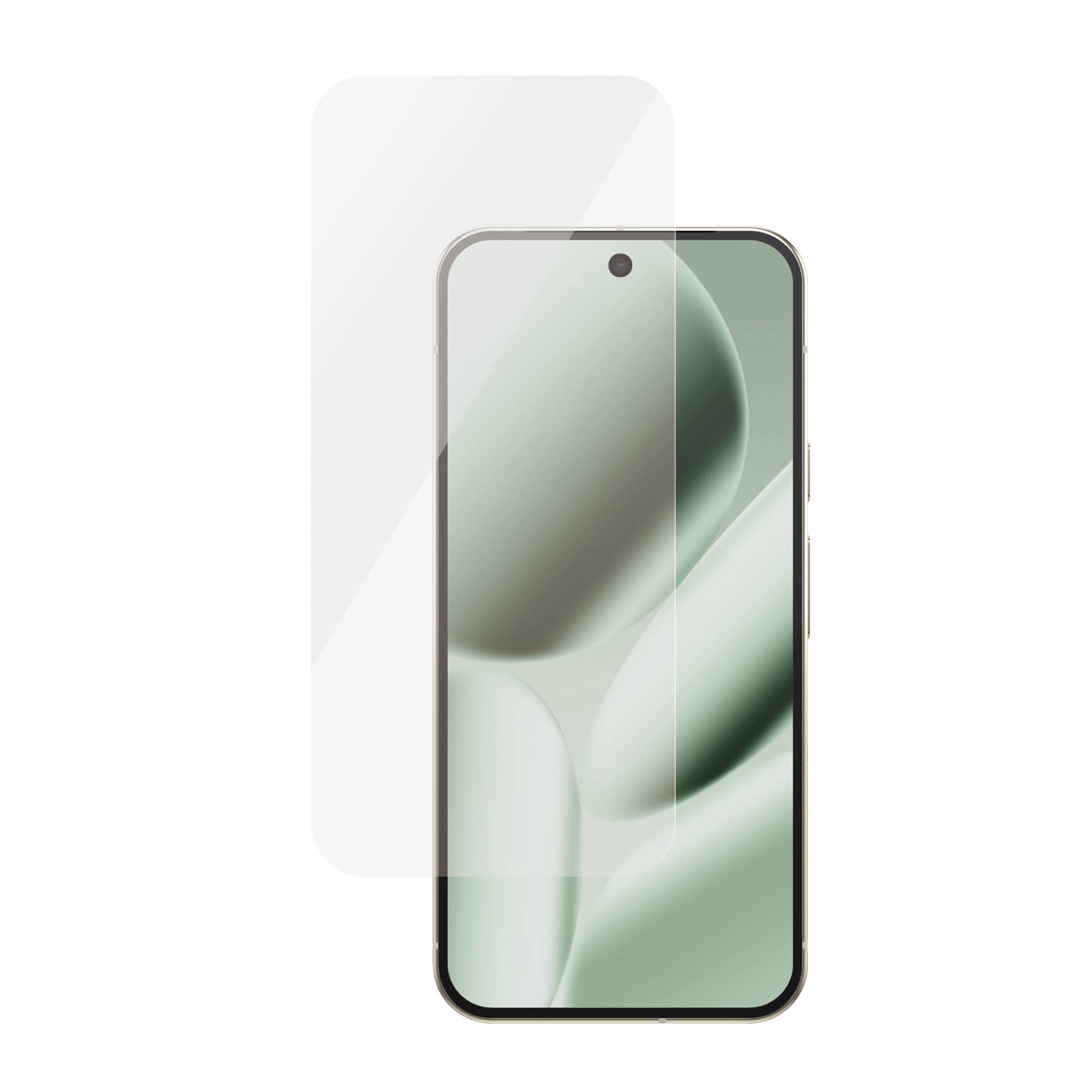 Smartphone-Vorderansicht mit einem transparenten Schutzgehäuse oder Displayschutzfolie dahinter, auf dem ein blasses abstraktes grünes Hintergrundbild angezeigt wird.