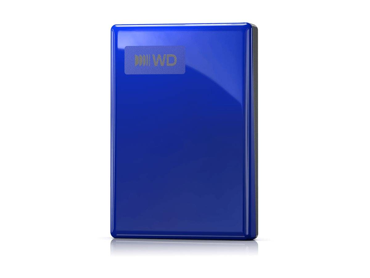 Blaue WD externe Festplatte, aufrecht auf weißem Hintergrund stehend.