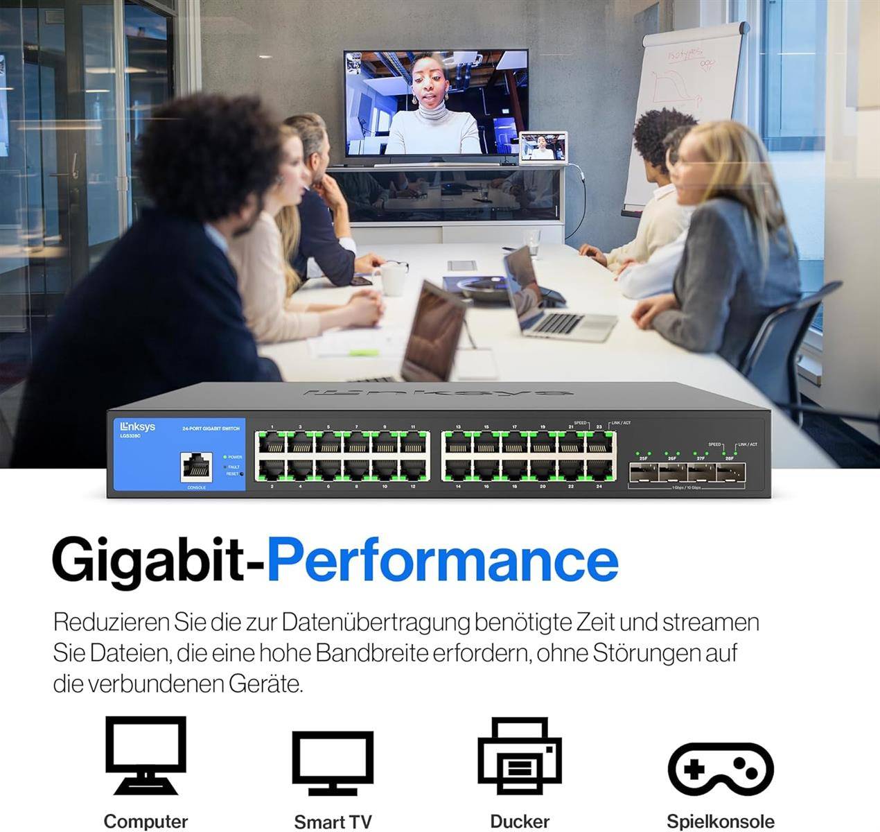 Netzwerk-Switch-Anzeige, die ein Treffen mit Videokonferencing und einem 24-Port-Gigabit-Switch zeigt; Der Text lautet „Gigabit-Performance