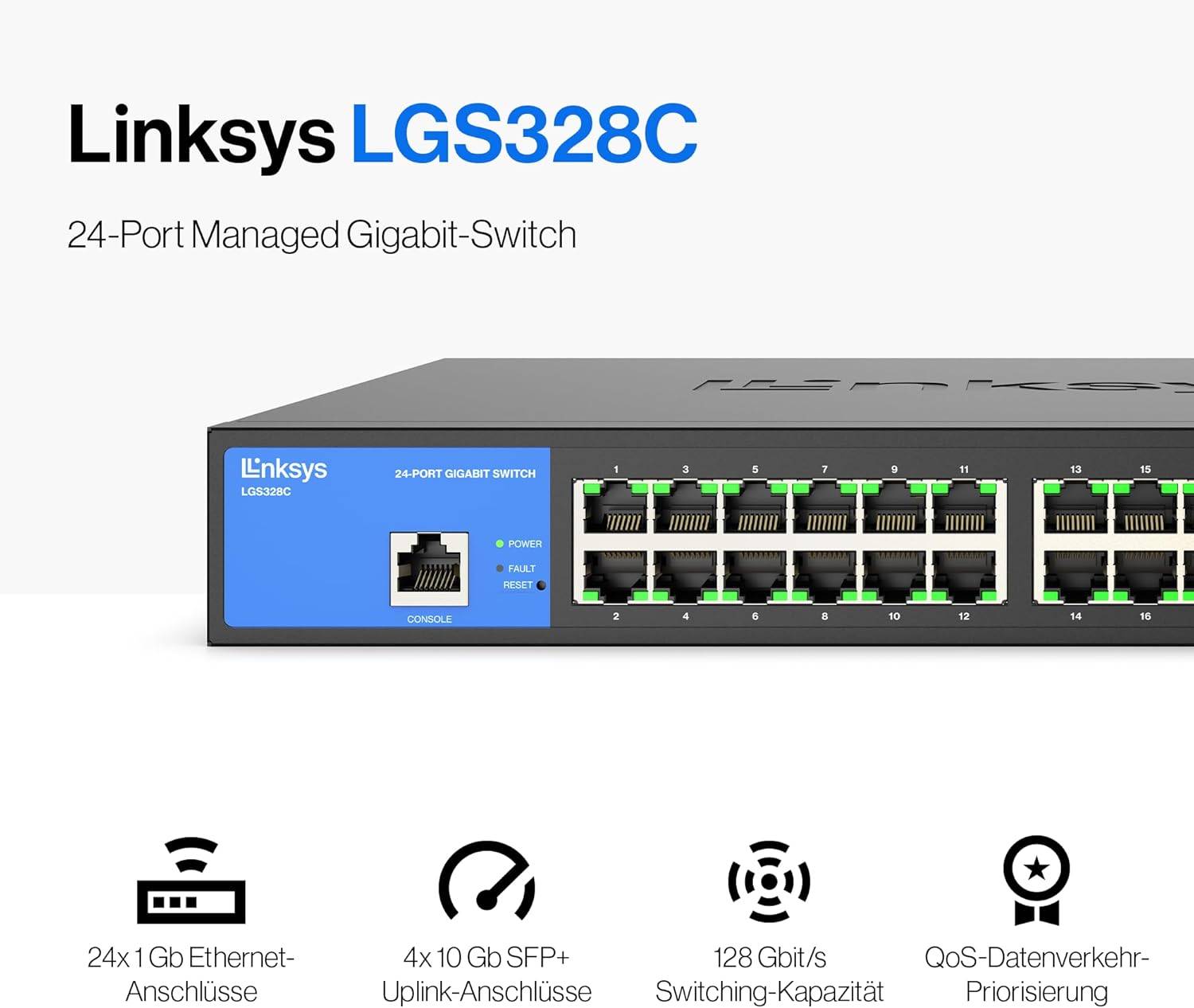 Produktbild eines Linksys GS328C 24-Port-verwalteten Gigabit-Switches mit Vorderseiten-Ports und wichtigen Funktionen: 24 Ethernet-Ports, 4 10 Gbit/s SFP+-Uplinks, 128 Gbit/s Schaltkapazität und QoS-Priorisierung.