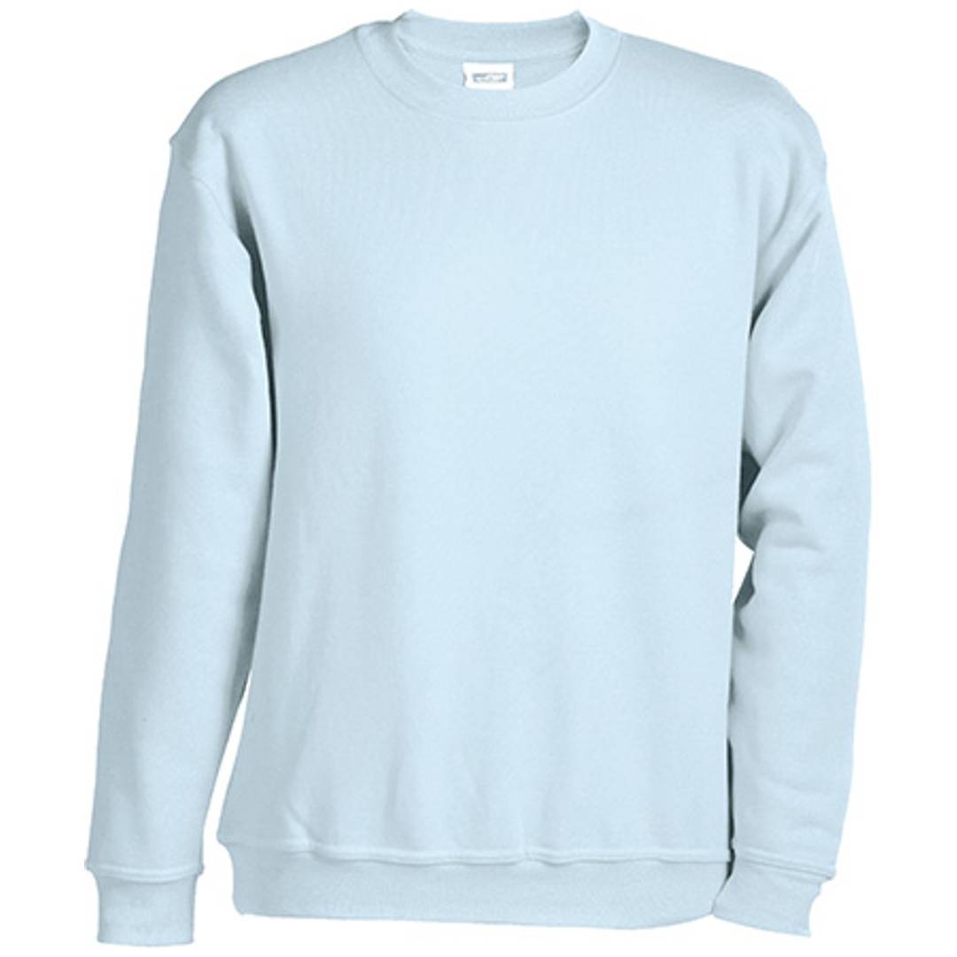 Hellblaues Sweatshirt mit langen Ärmeln und Rundhalsausschnitt, frontal auf neutralem Hintergrund präsentiert.